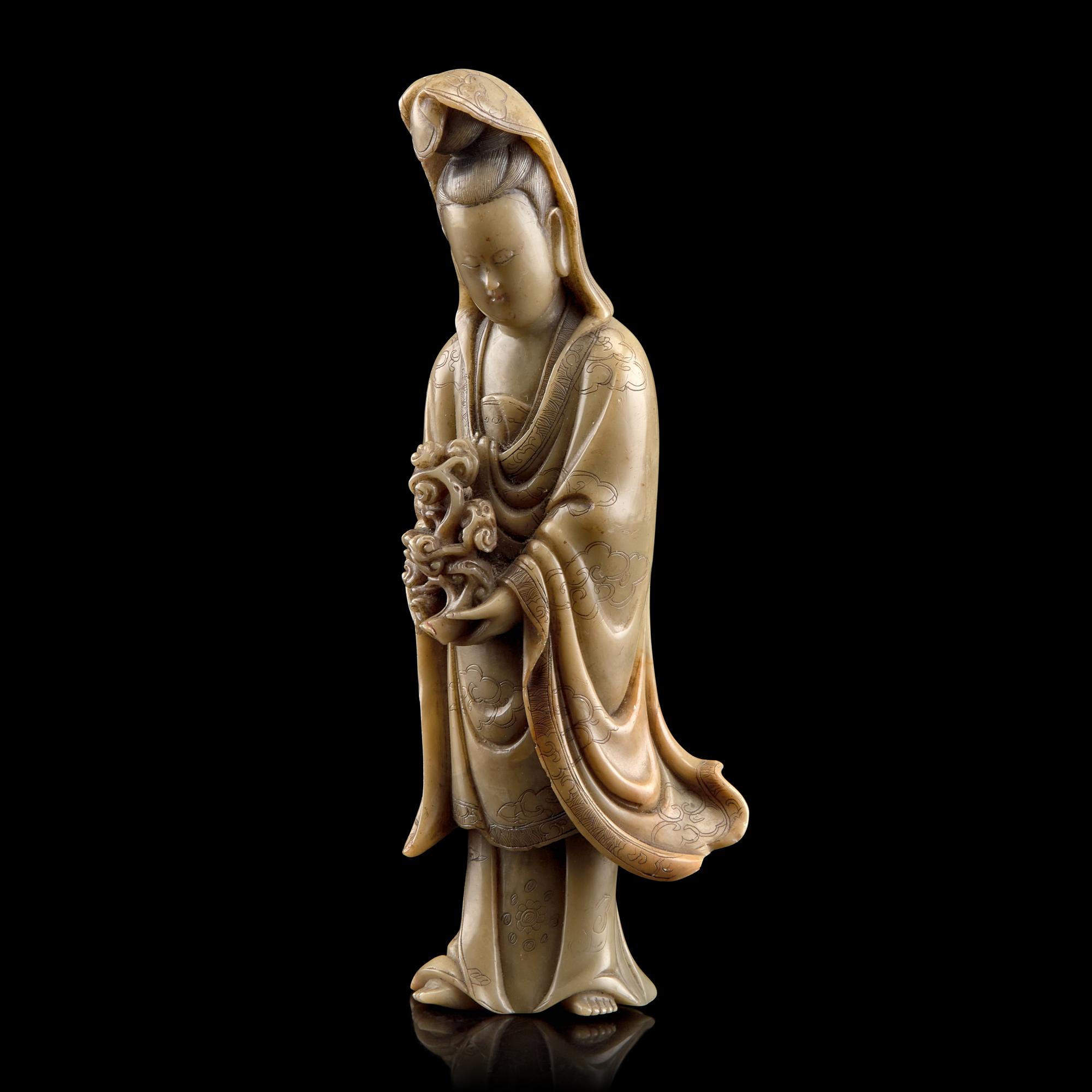 A Chinese Carved Soapstone Meiren , Qing Dynasty 清 壽山石雕美人像