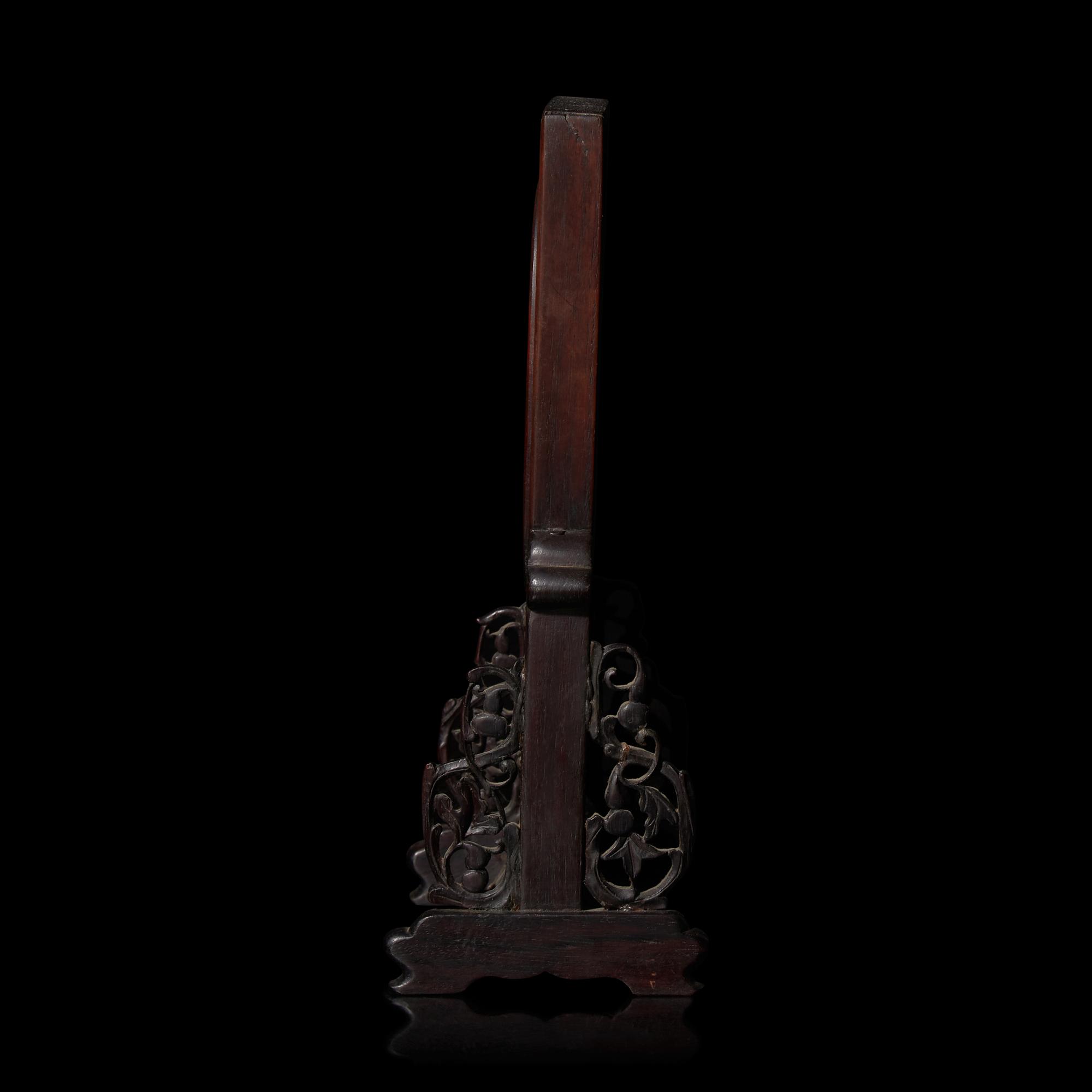 A Small Chinese White Jade Inset Carved Wood Table Screen, Jade: Qing Dynasty 清 硬木嵌白玉高士圖小桌屏
