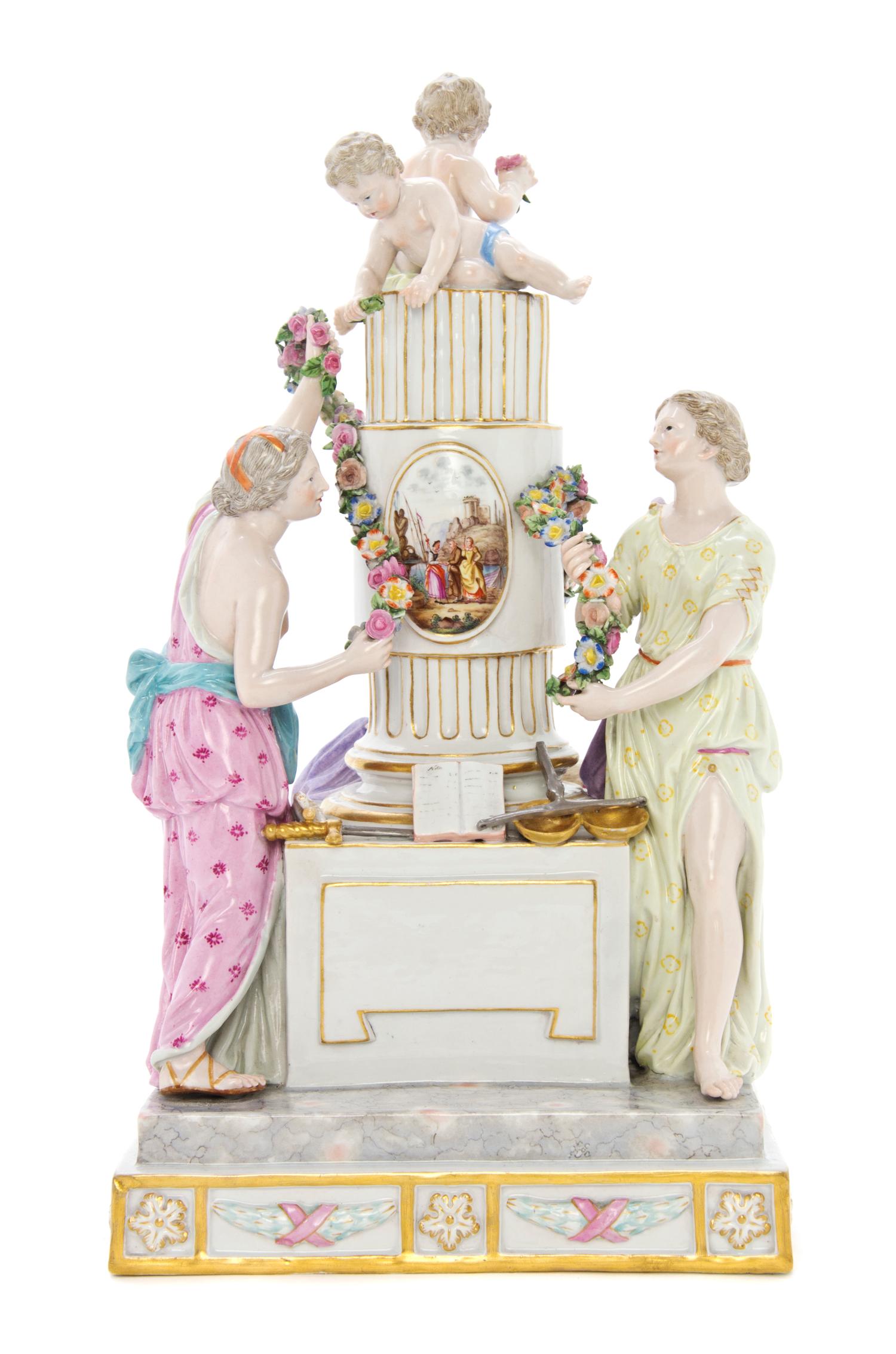 A Meissen Porcelain Figural Group, Height 13 inches.