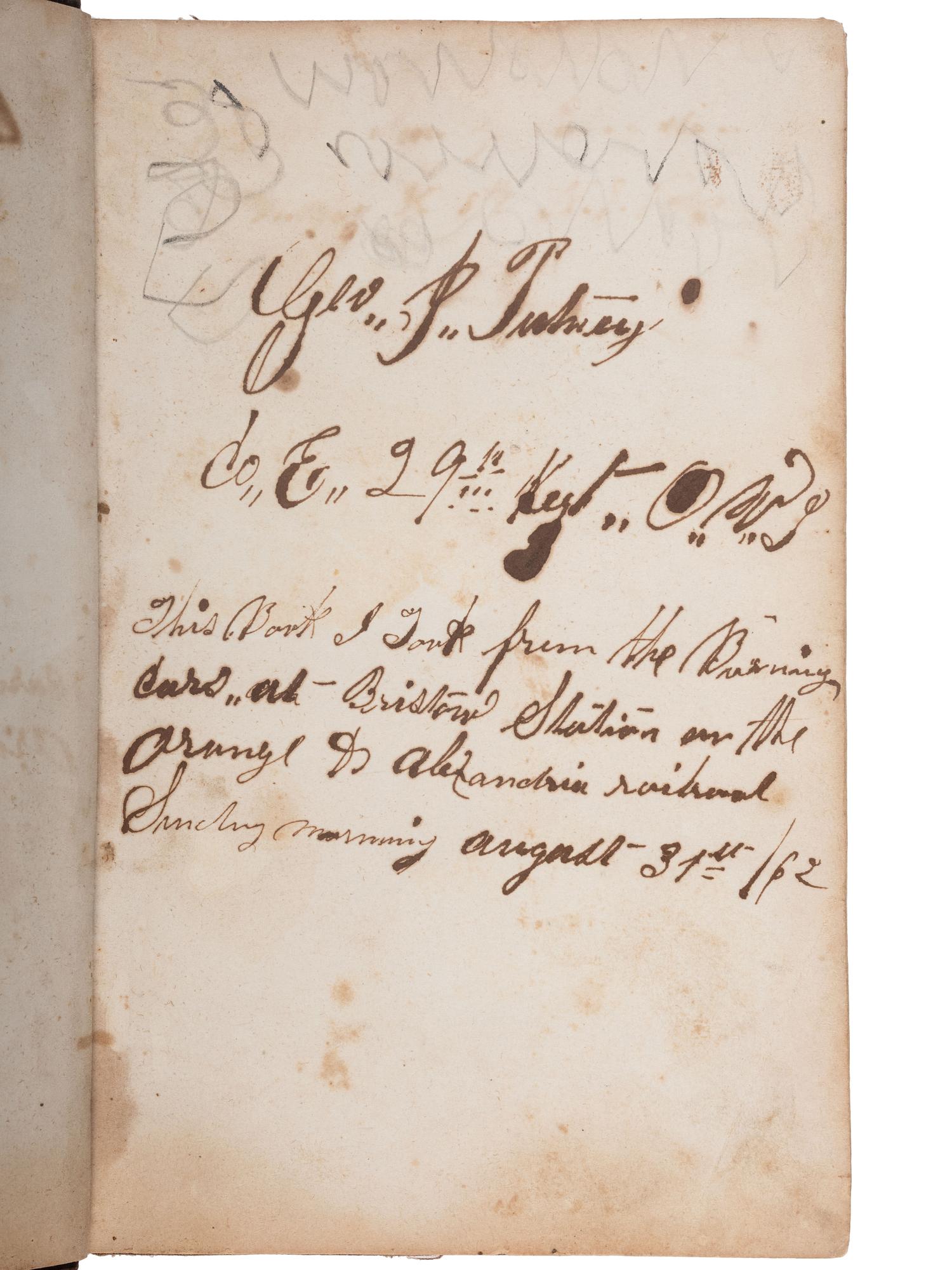 [CIVIL WAR]. A group of 3 items identified to George J. Putney, Company E, 29th Ohio Infantry, comprised of a silver corps badge engraved with battle honors, embellished canteen, and book taken from wreckage at Bristoe Station.