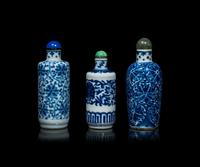 Three Chinese Blue and White Porcelain 'Lotus' Snuff Bottles