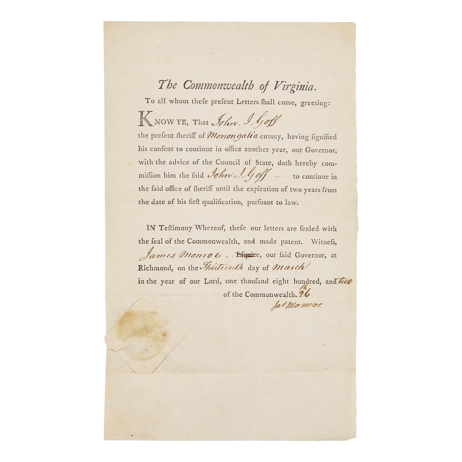 [Presidential] Monroe, James. Partially Printed Document, signed