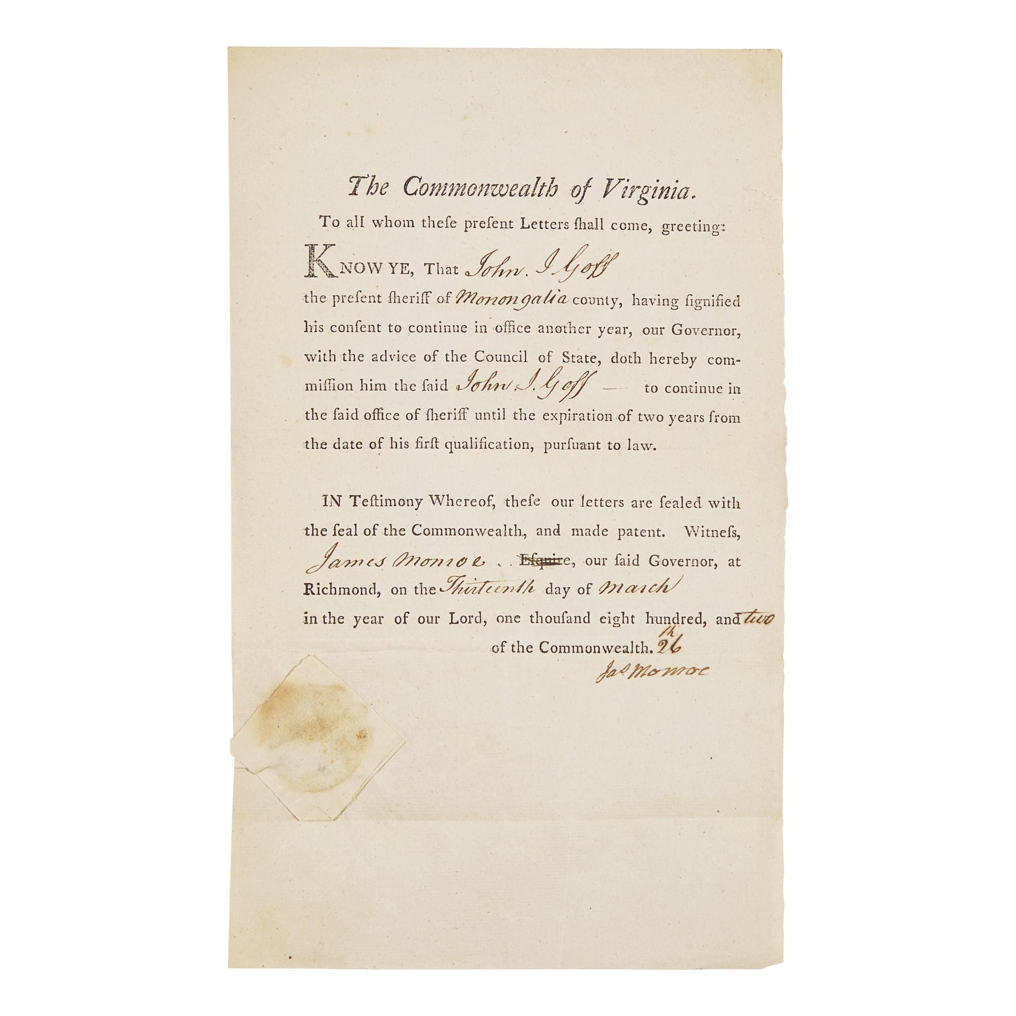 [Presidential] Monroe, James. Partially Printed Document, signed