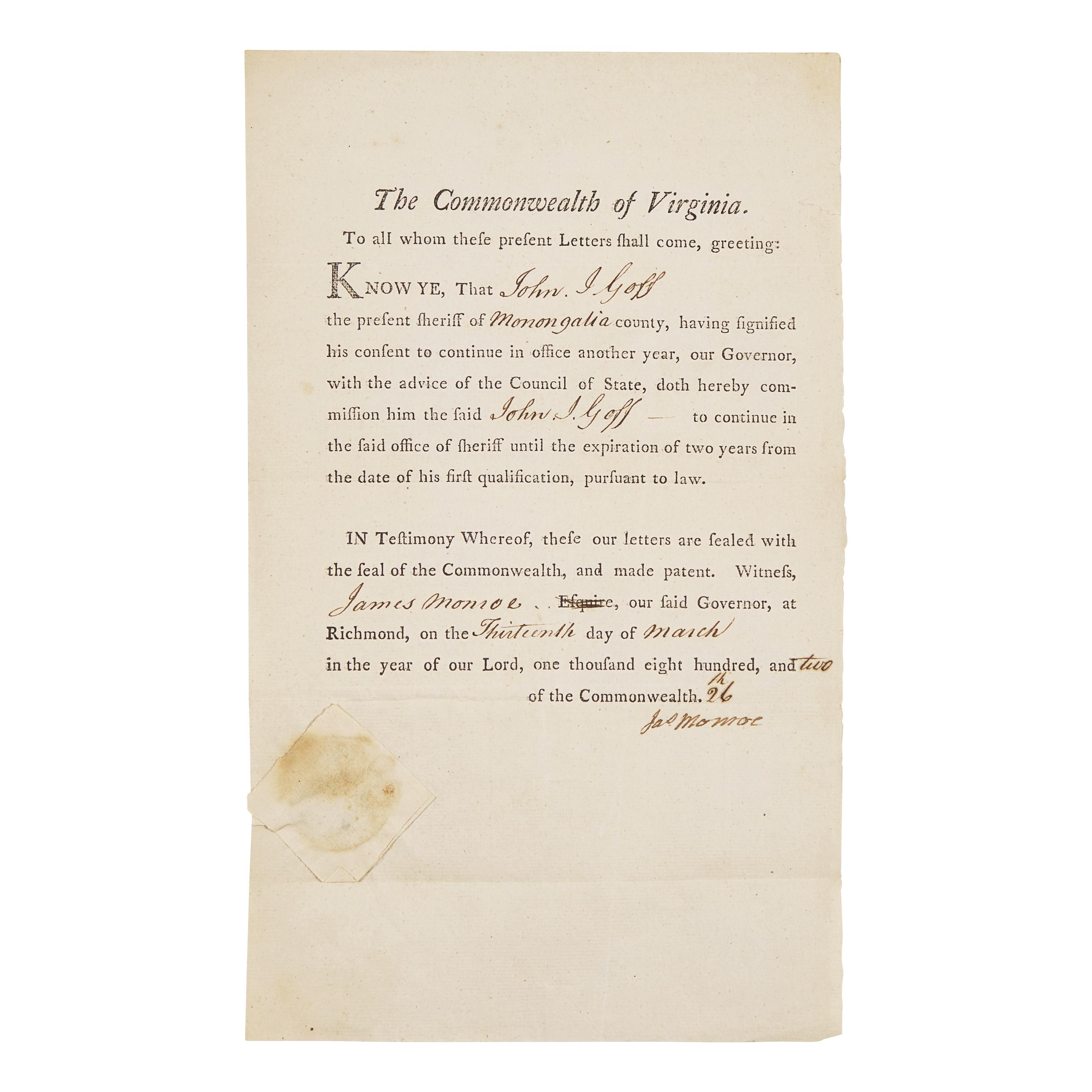 [Presidential] Monroe, James. Partially Printed Document, signed