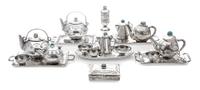 A Collection of Native American Silver Table Articles, Various Makers, comprising five trays, five cups, two pairs of teapots, a pair o
