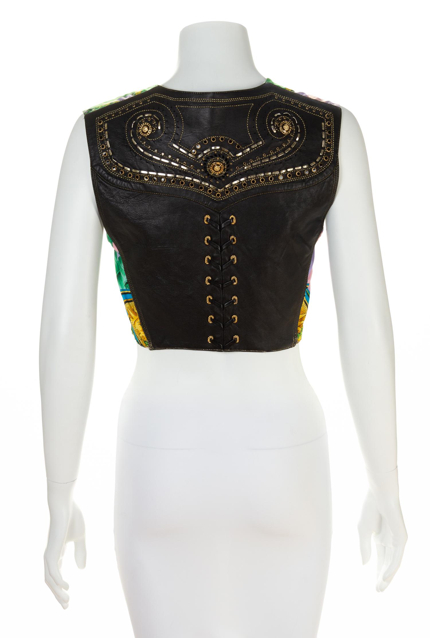 A Gianni Versace Leather Embellished Vest with Silk Tie Front, Size 40.