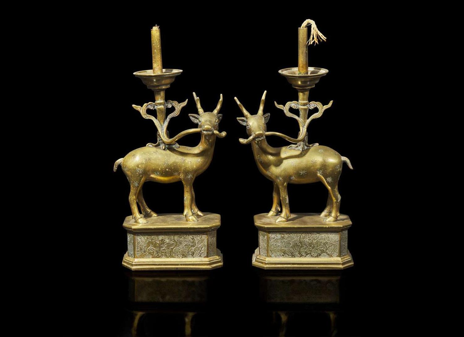 A pair of Chinese huangtong "Deer" lamps, Qing dynasty 鹿形燭臺一對 清