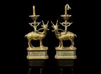 A pair of Chinese huangtong "Deer" lamps, Qing dynasty 鹿形燭臺一對 清