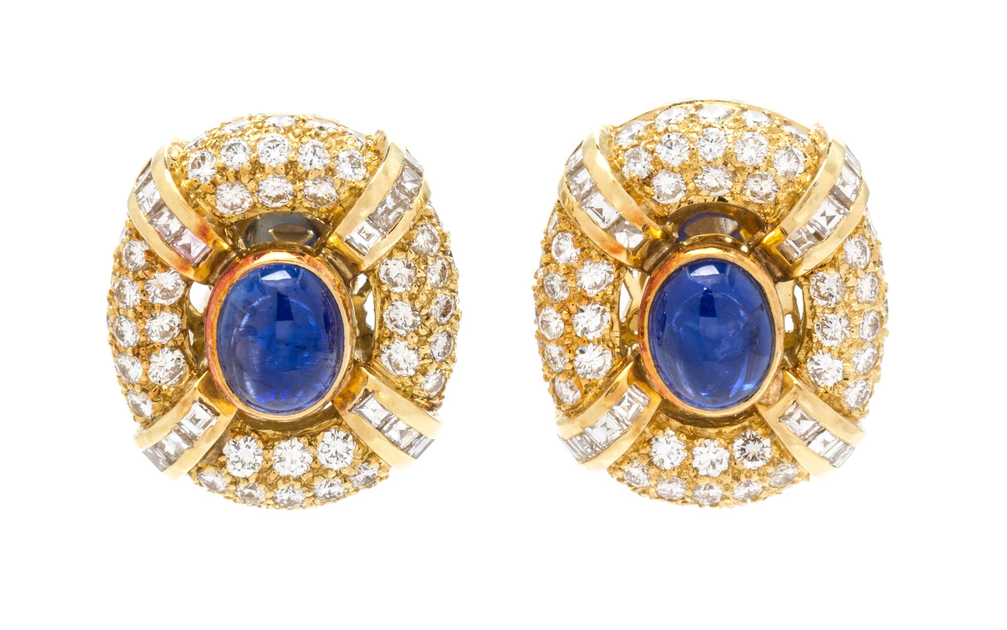 A Pair of 18 Karat Yellow Gold, Sapphire and Diamond Earclips, Mayor's, 9.75 dwts.