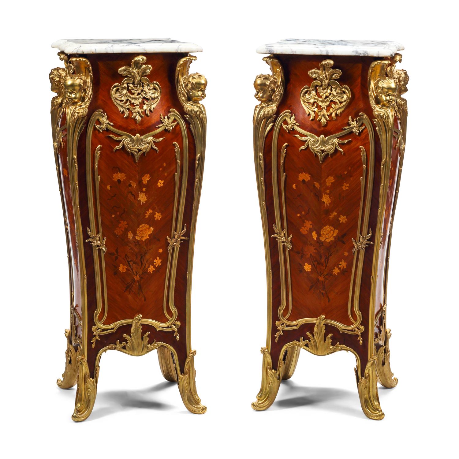 A Pair of Louis XV Style Gilt Bronze Mounted Marquetry Marble-Top Pedestals