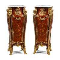A Pair of Louis XV Style Gilt Bronze Mounted Marquetry Marble-Top Pedestals