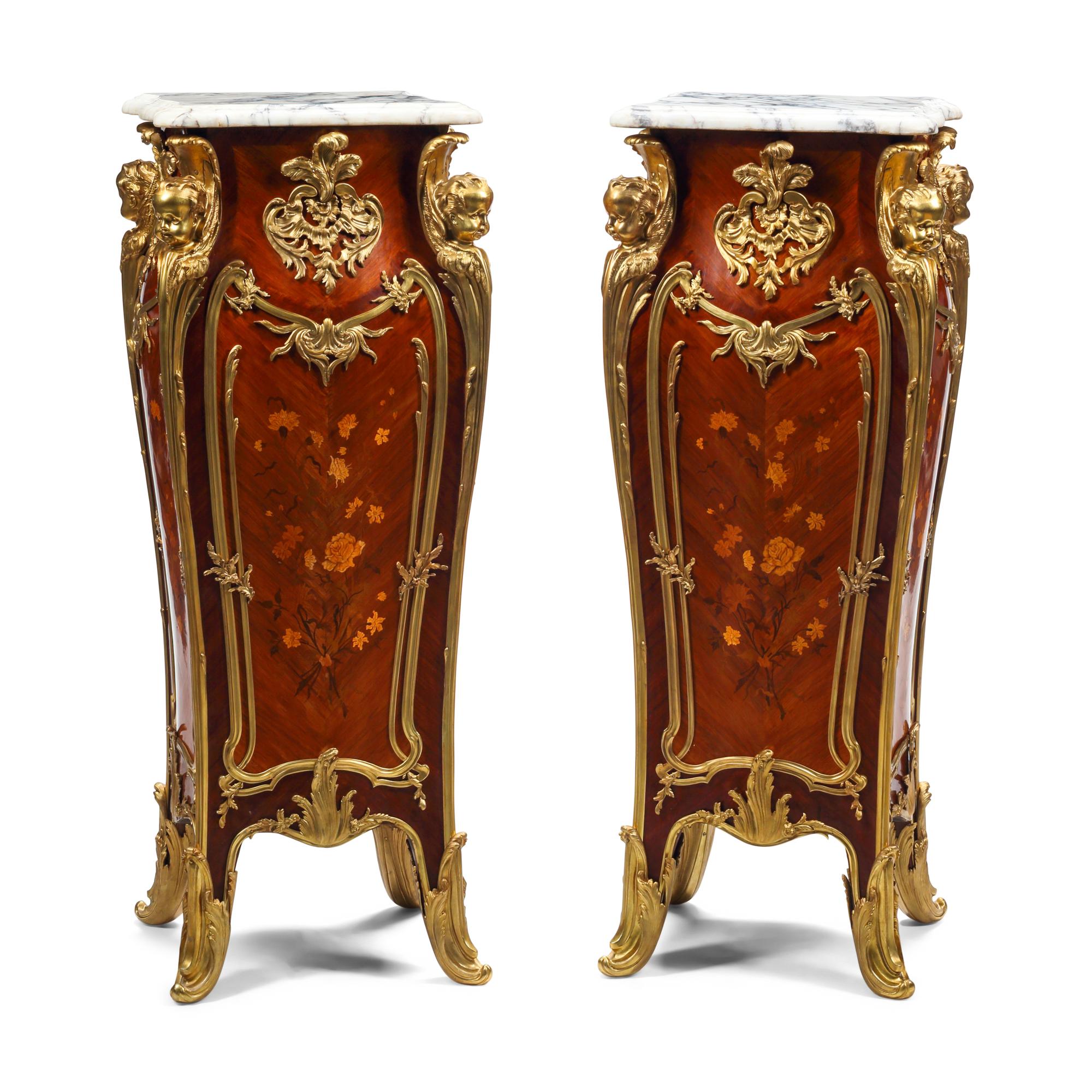 A Pair of Louis XV Style Gilt Bronze Mounted Marquetry Marble-Top Pedestals