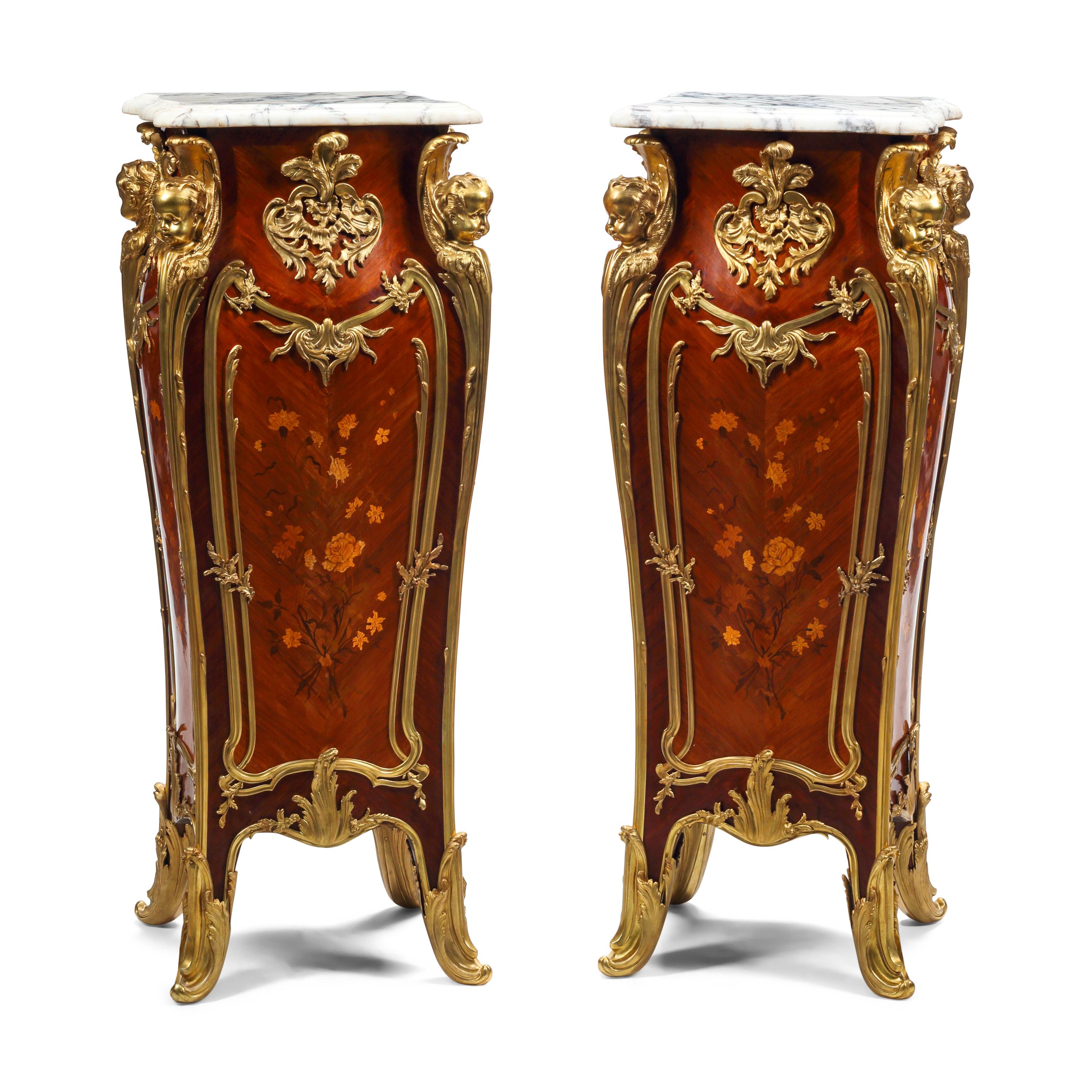 A Pair of Louis XV Style Gilt Bronze Mounted Marquetry Marble-Top Pedestals