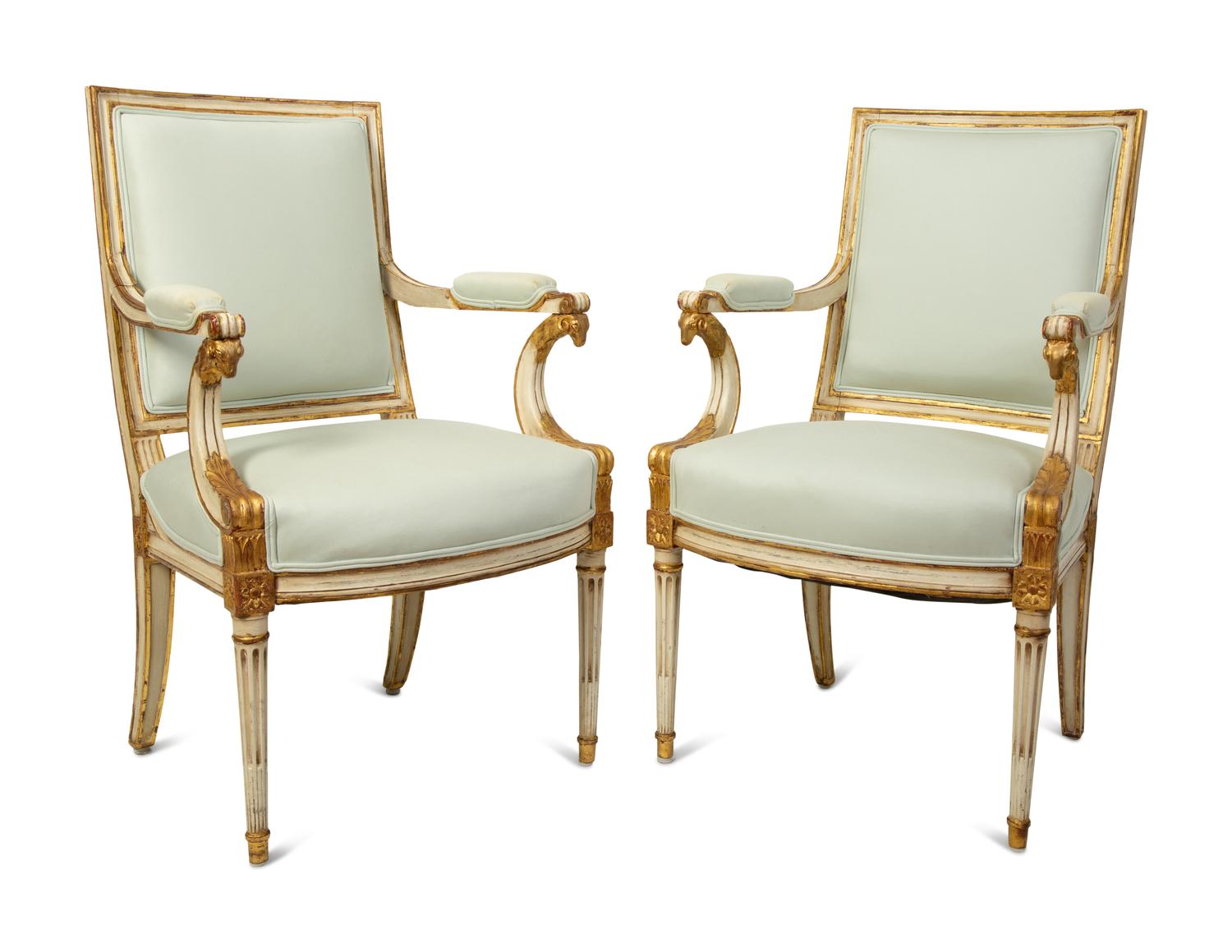 A Pair of Swedish Neoclassical Style Painted and Parcel-Gilt Armchairs — 19TH CENTURY