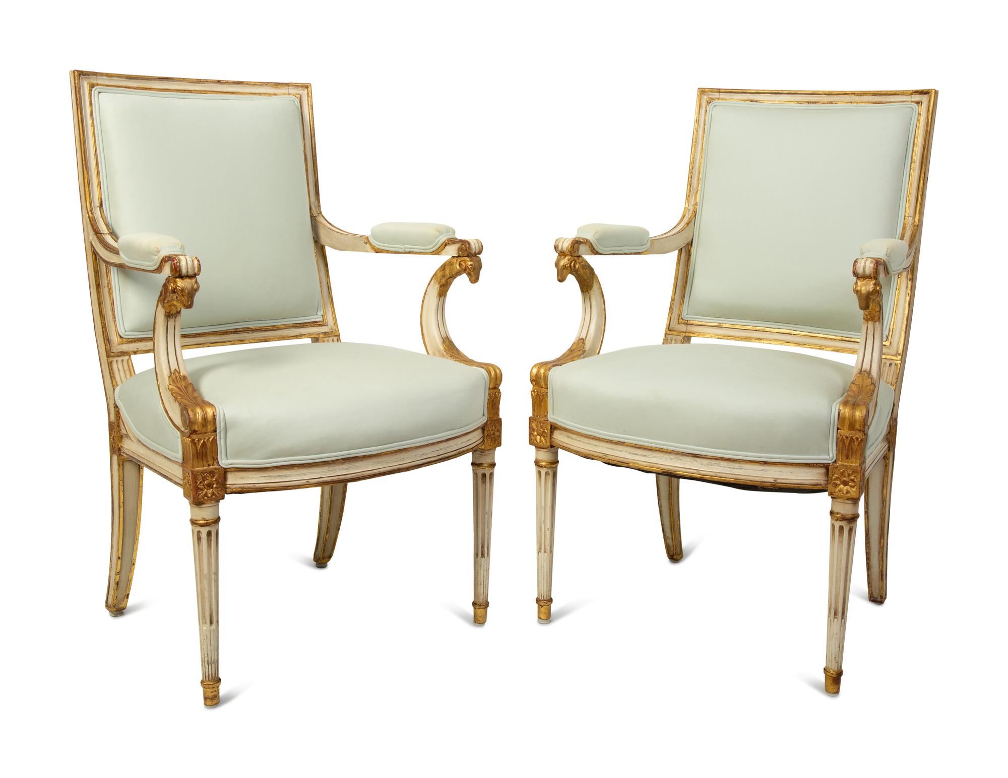 A Pair of Swedish Neoclassical Style Painted and Parcel-Gilt Armchairs — 19TH CENTURY
