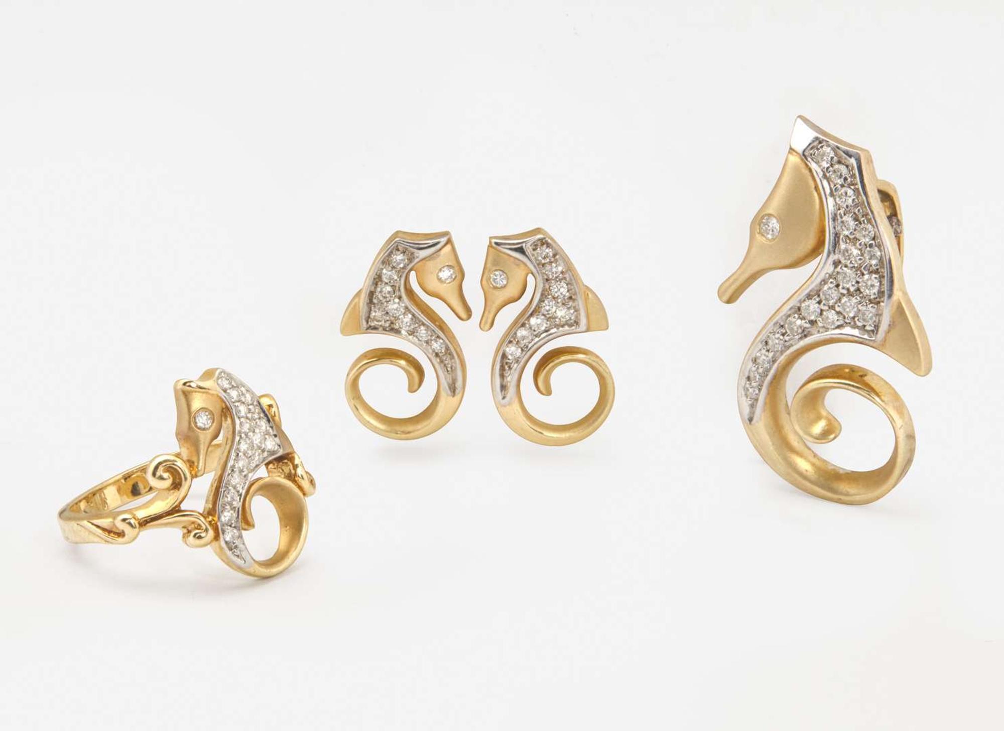 A Suite of 14K Yellow Gold and Diamond Seahorse Jewelry