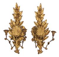 A Pair of Italian Carved Giltwood Two-Light Wall Sconces Height 23 inches. — 20TH CENTURY