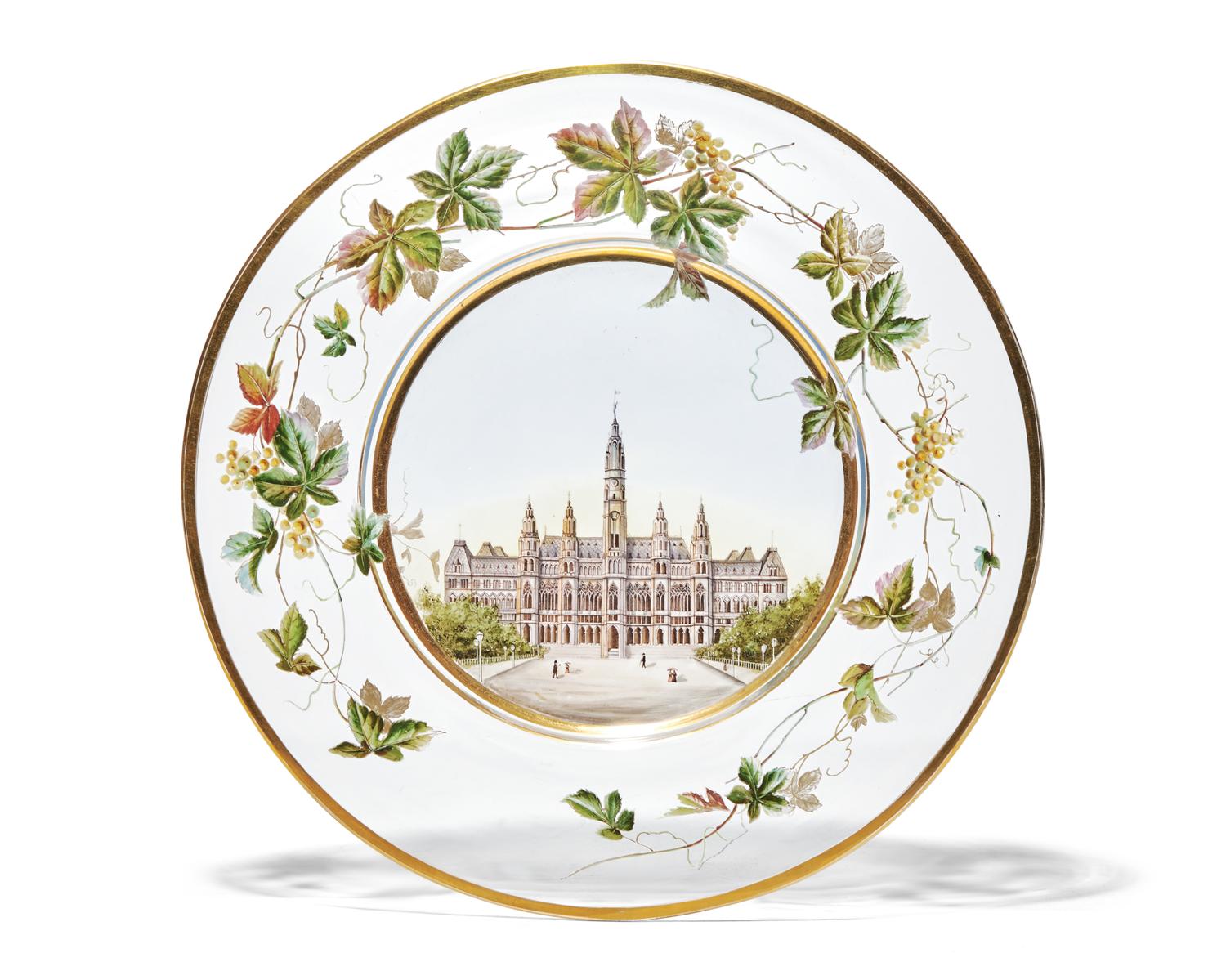 An Enamel Decorated Glass Plate Depicting Wiener Rathaus, Rathausplatz, Vienna