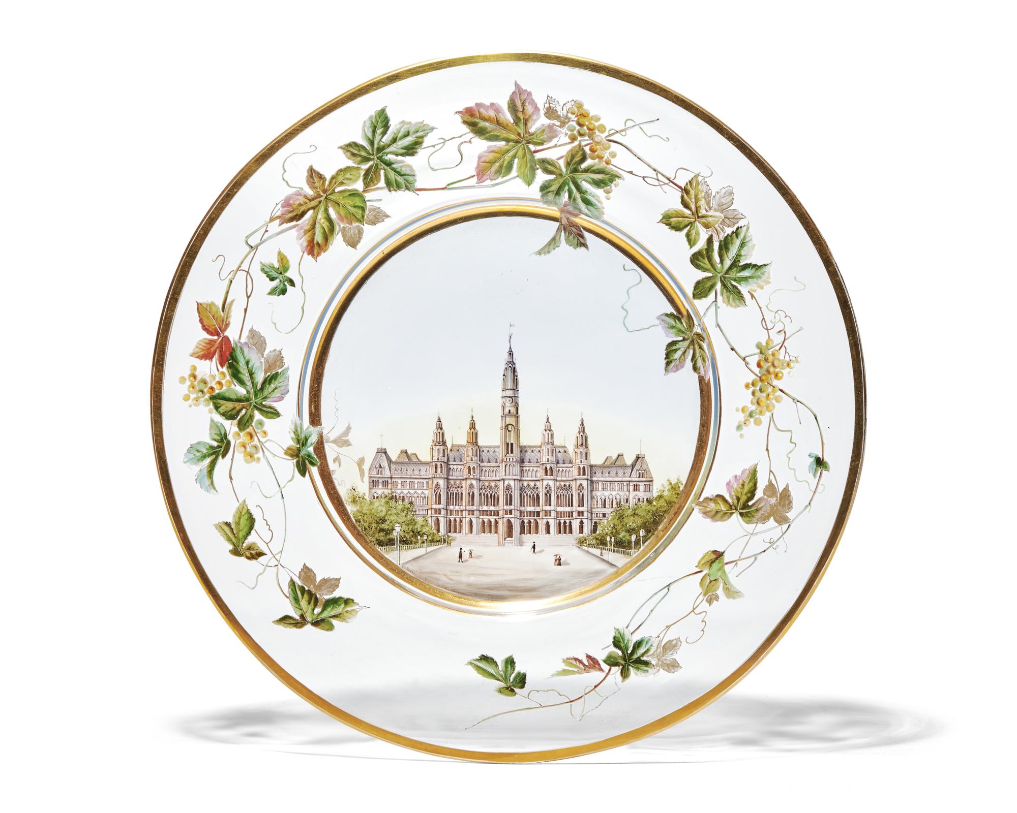 An Enamel Decorated Glass Plate Depicting Wiener Rathaus, Rathausplatz, Vienna