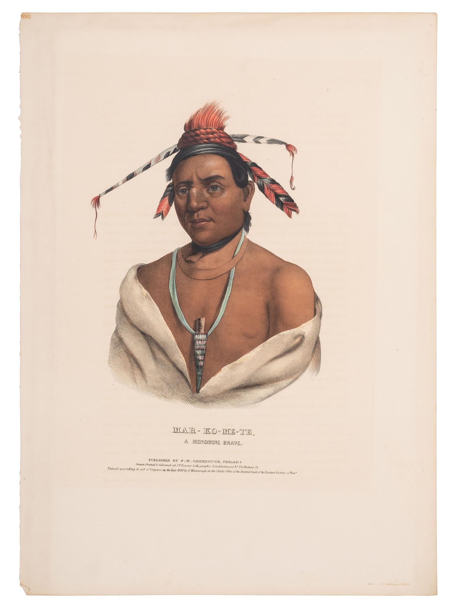 [McKENNEY & HALL]. A group of 3 large folio hand-colored lithographs of Fox & Sac and Menominee. 1836-1838.