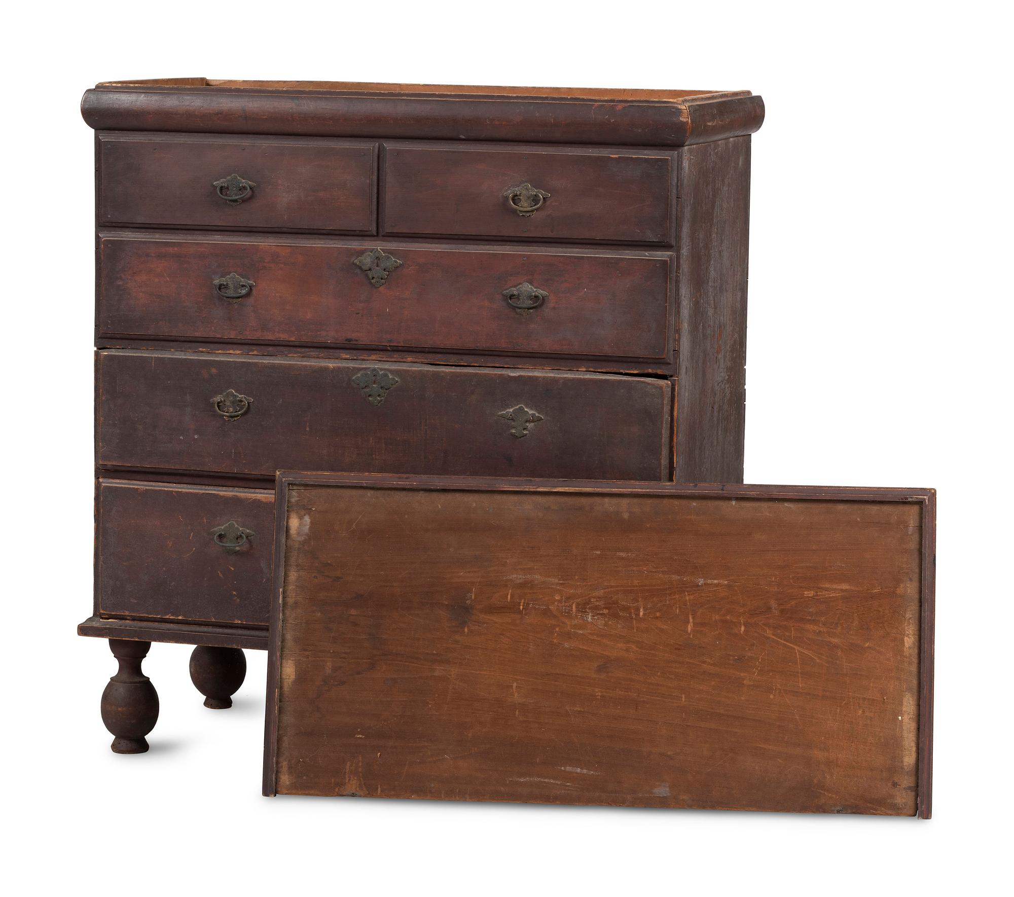 A Rare William and Mary Brown Painted Poplar, Cherrywood, and Pine Two-Drawer Blanket Chest
