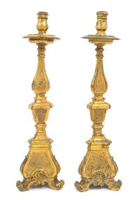A Pair of Continental Gilt Bronze Candlesticks Height 16 1/2 inches.