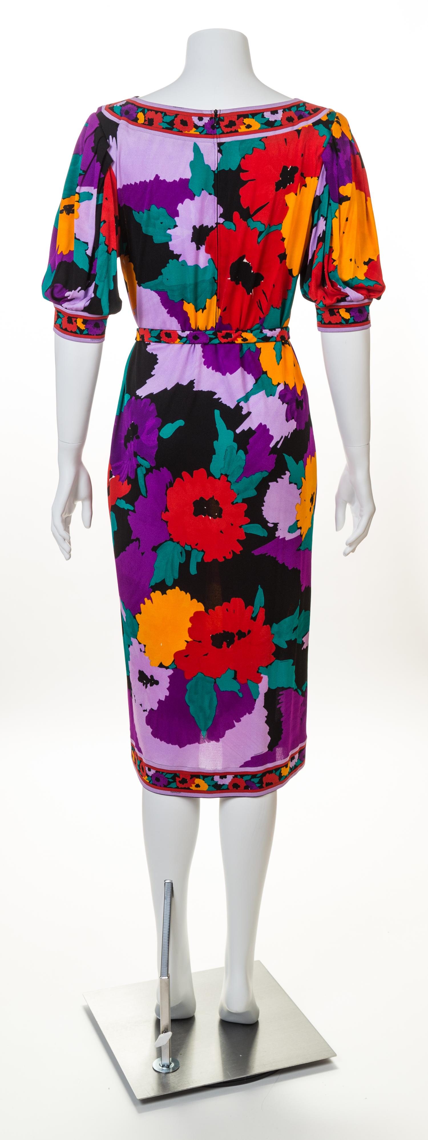 A Leonard Purple Silk Floral Dress, No size; Belt: 55.5" x .75".