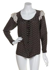 An Yves Saint Laurent Black and Ivory Silk Polka Dot Blouse, Size 36.