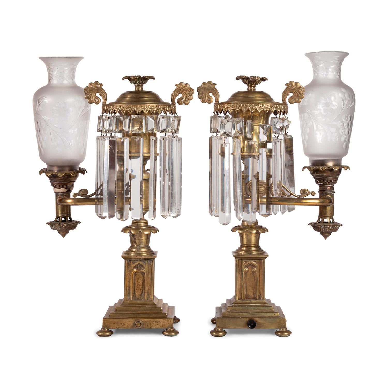 A Pair of Classical Frosted and Etched Glass Mounted Brass Oil Lamps