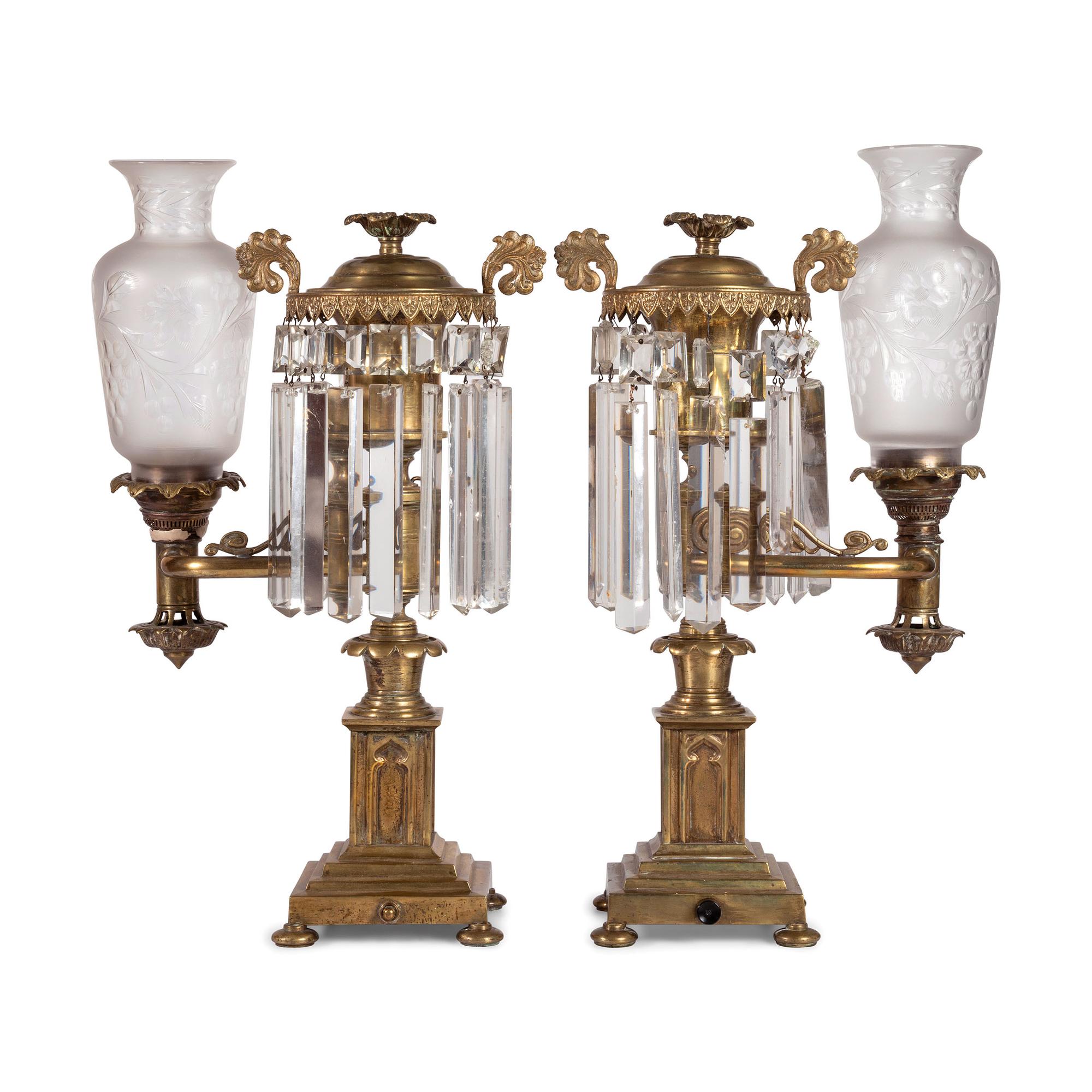 A Pair of Classical Frosted and Etched Glass Mounted Brass Oil Lamps
