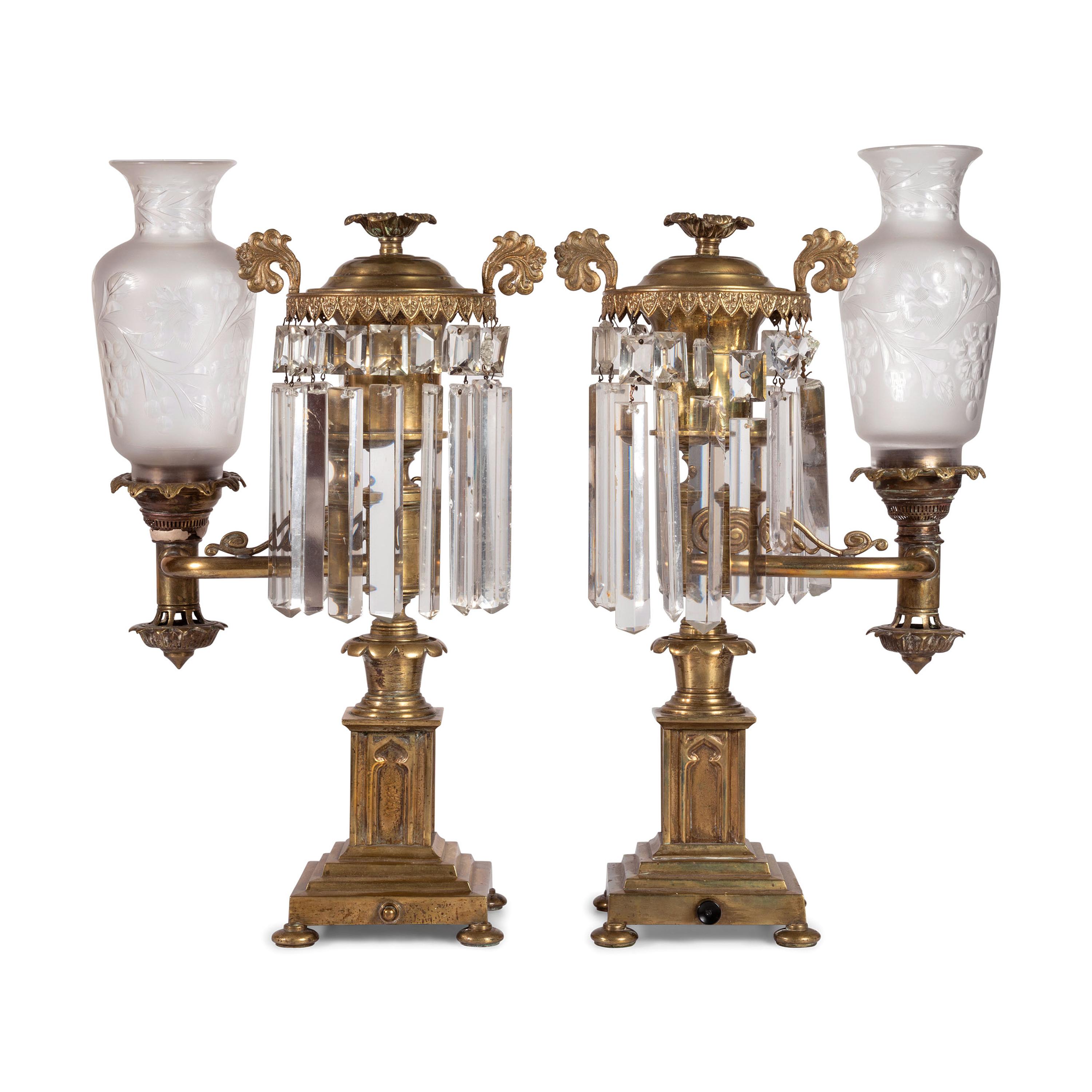 A Pair of Classical Frosted and Etched Glass Mounted Brass Oil Lamps