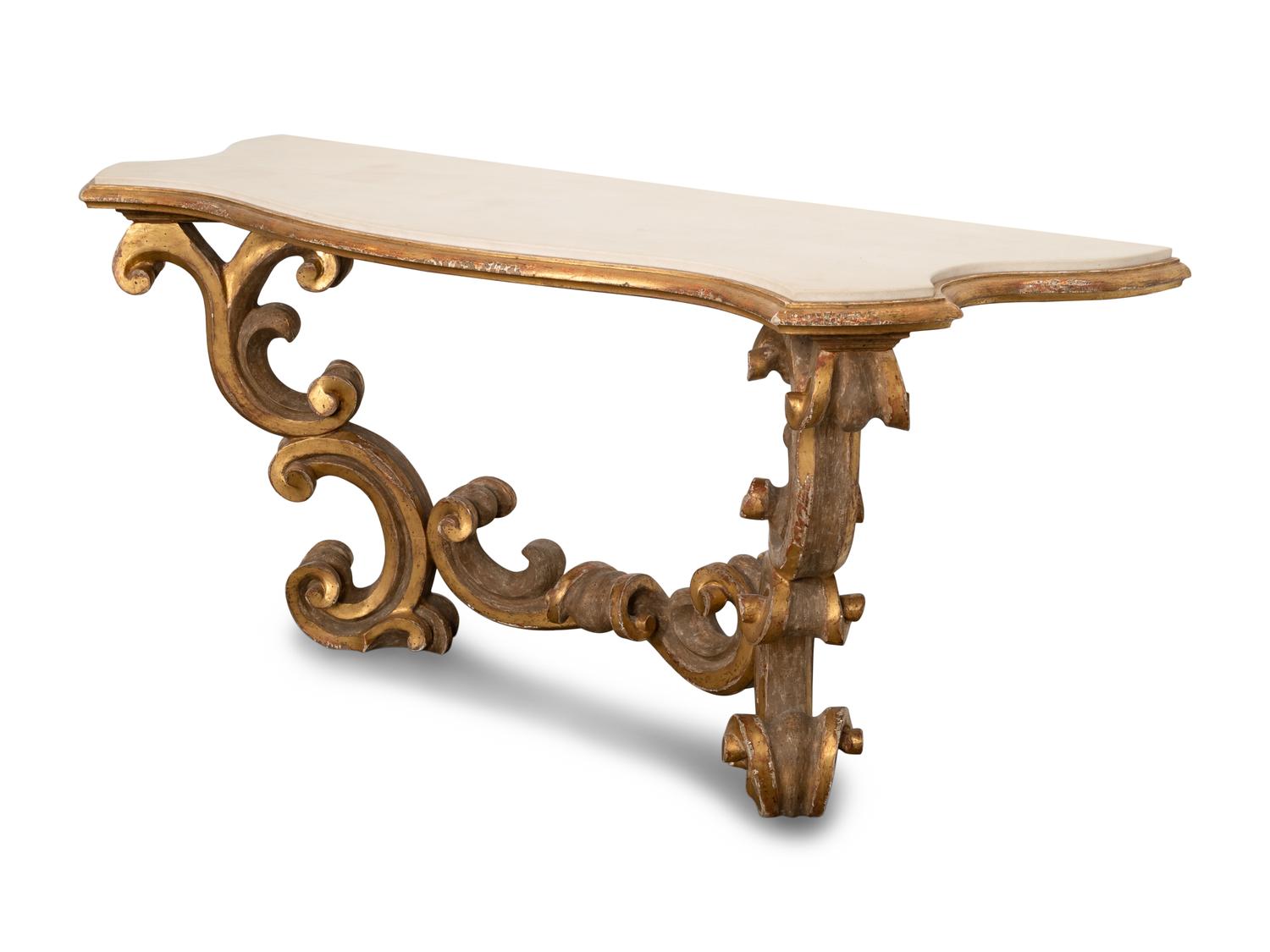 A Dennis and Leen Baroque Giltwood Console with Limestone Top