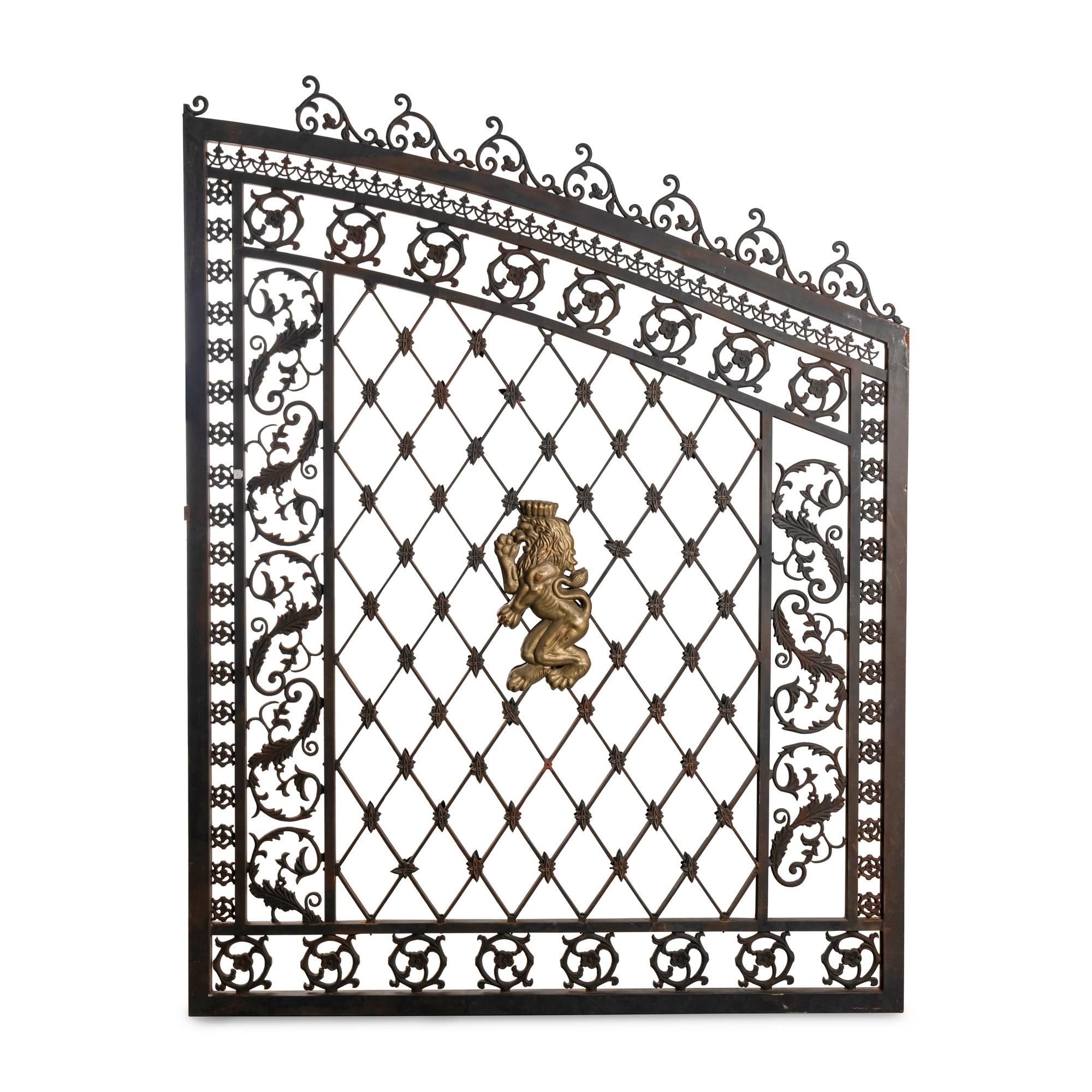A Pair of Parcel Gilt Iron and Metal Lion-Decorated Gates