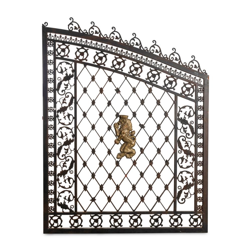 A Pair of Parcel Gilt Iron and Metal Lion-Decorated Gates