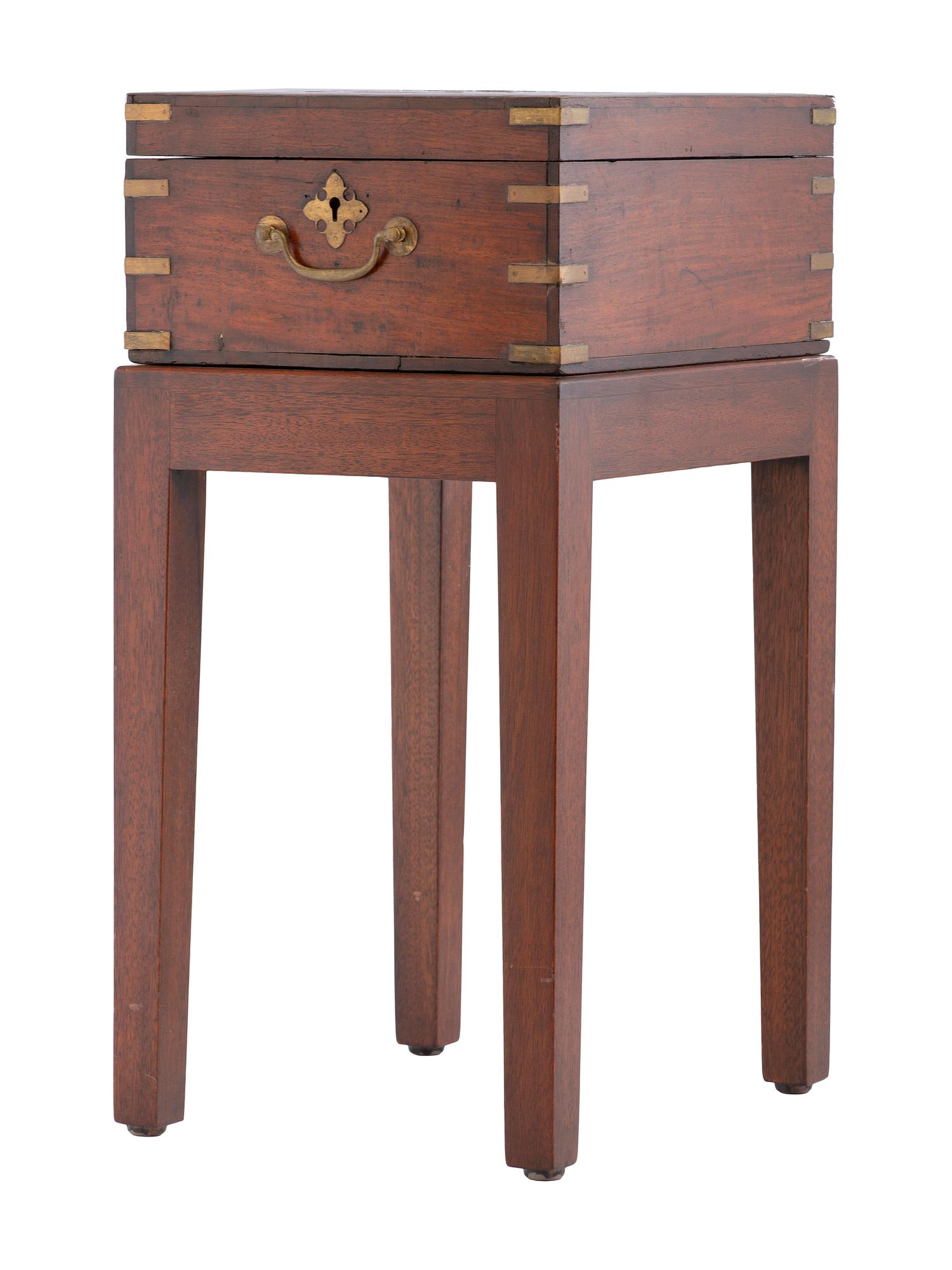 An English Brass-Inlaid Mahogany Game Box on Stand