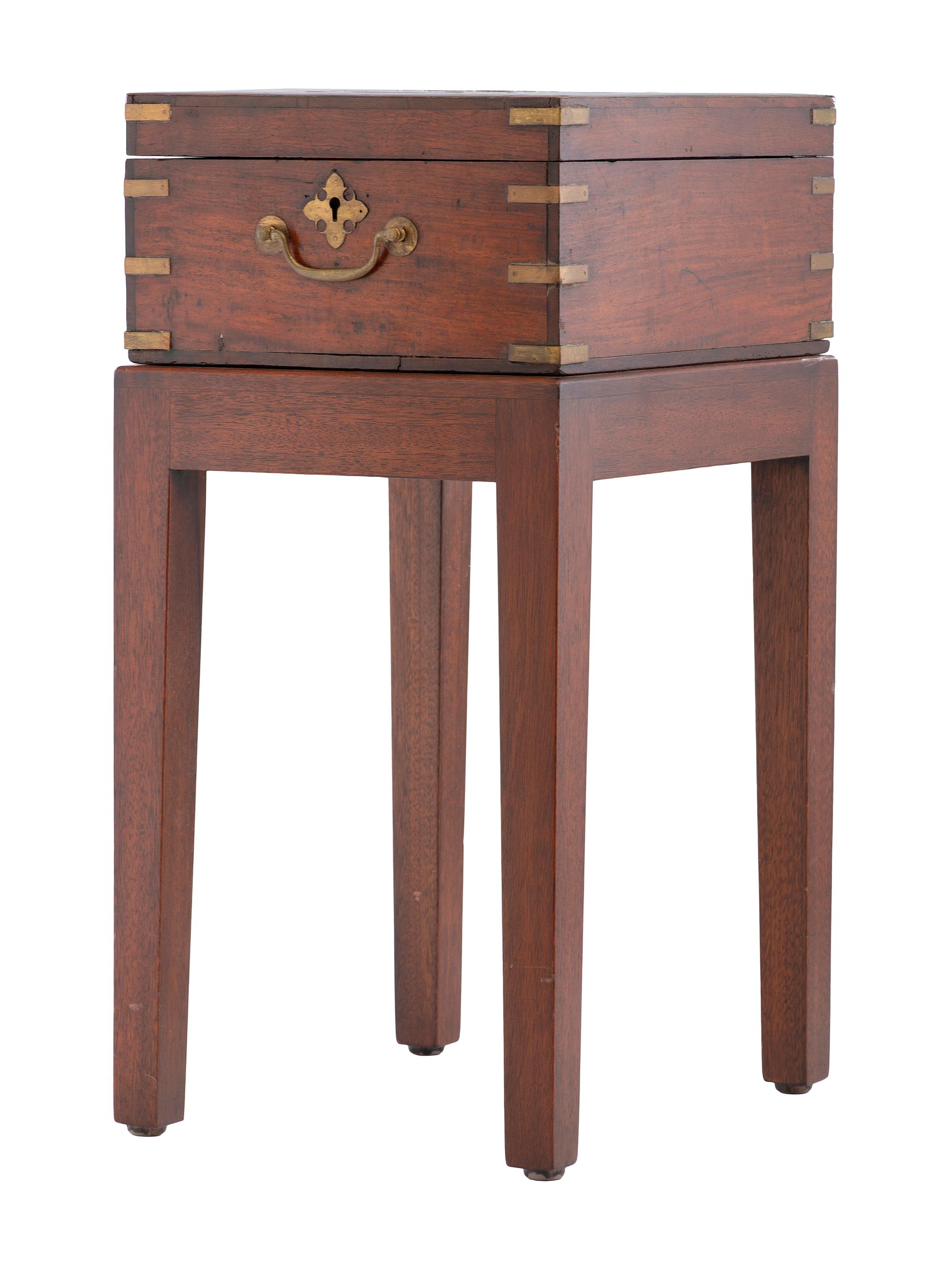 An English Brass-Inlaid Mahogany Game Box on Stand