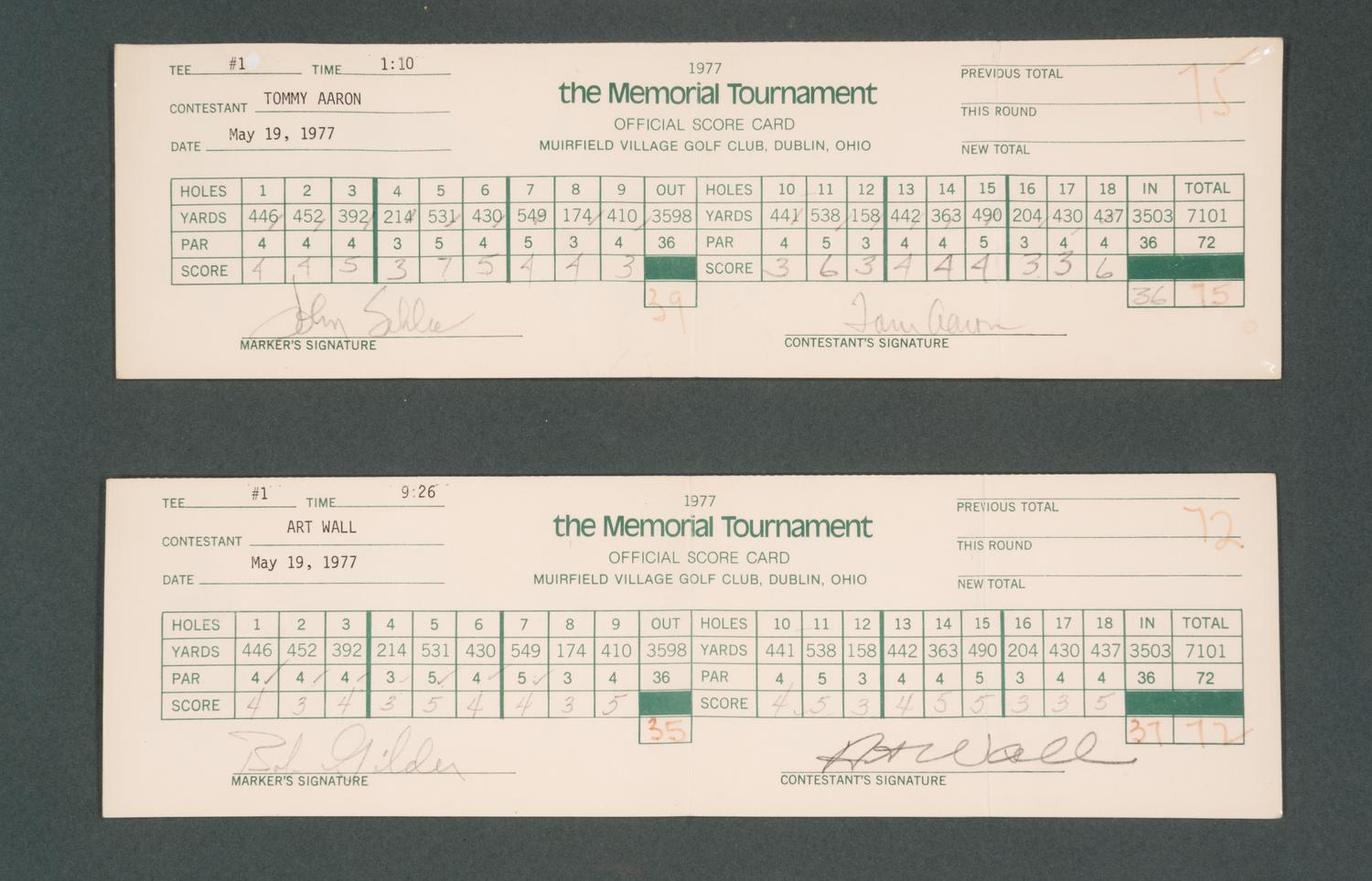 A 1977 Memorial Tournament Scorecard Display Featuring Tournament Used Scorecards Dual Signed by Jack Nicklaus and Tom Watson