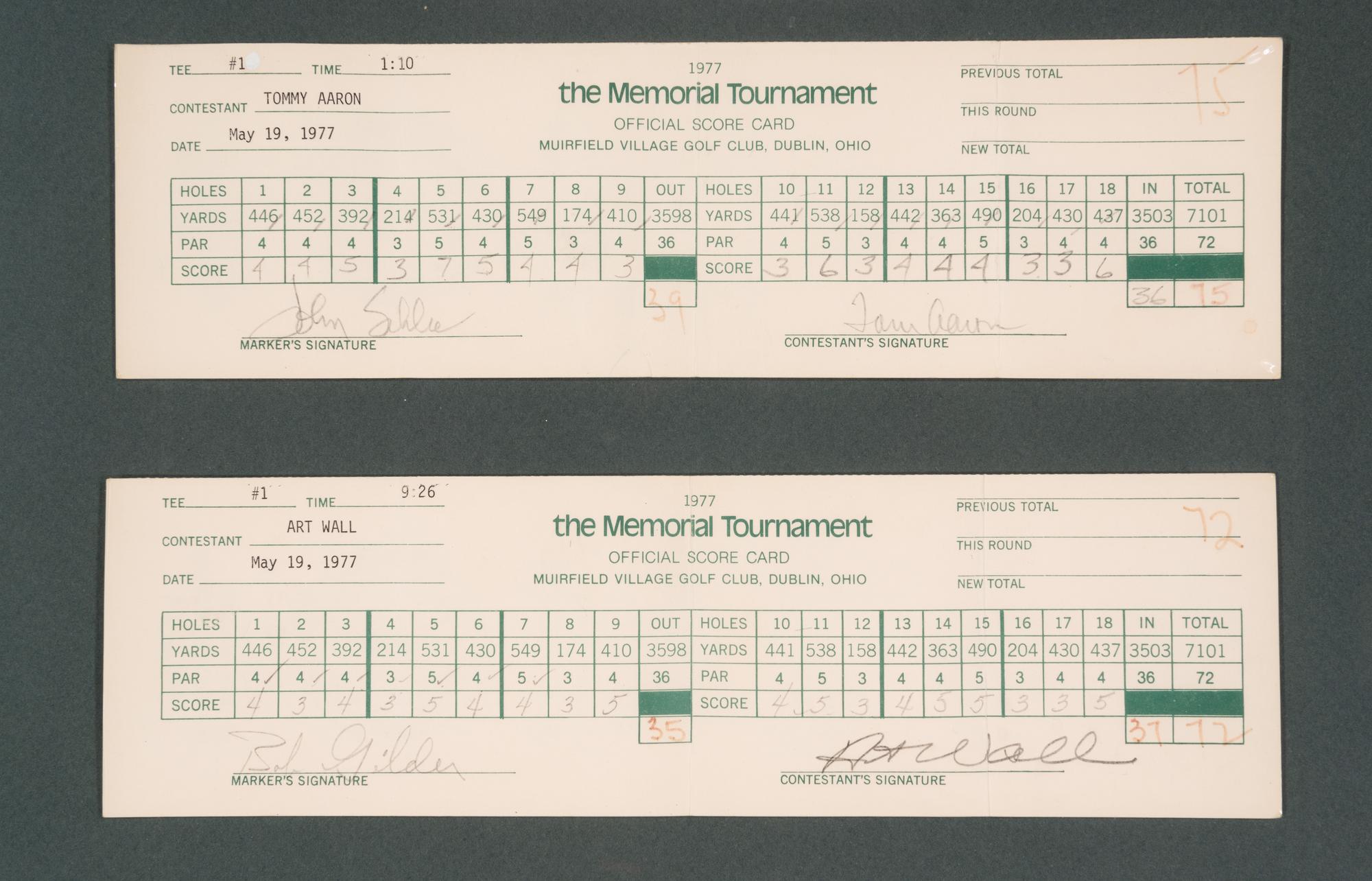 A 1977 Memorial Tournament Scorecard Display Featuring Tournament Used Scorecards Dual Signed by Jack Nicklaus and Tom Watson