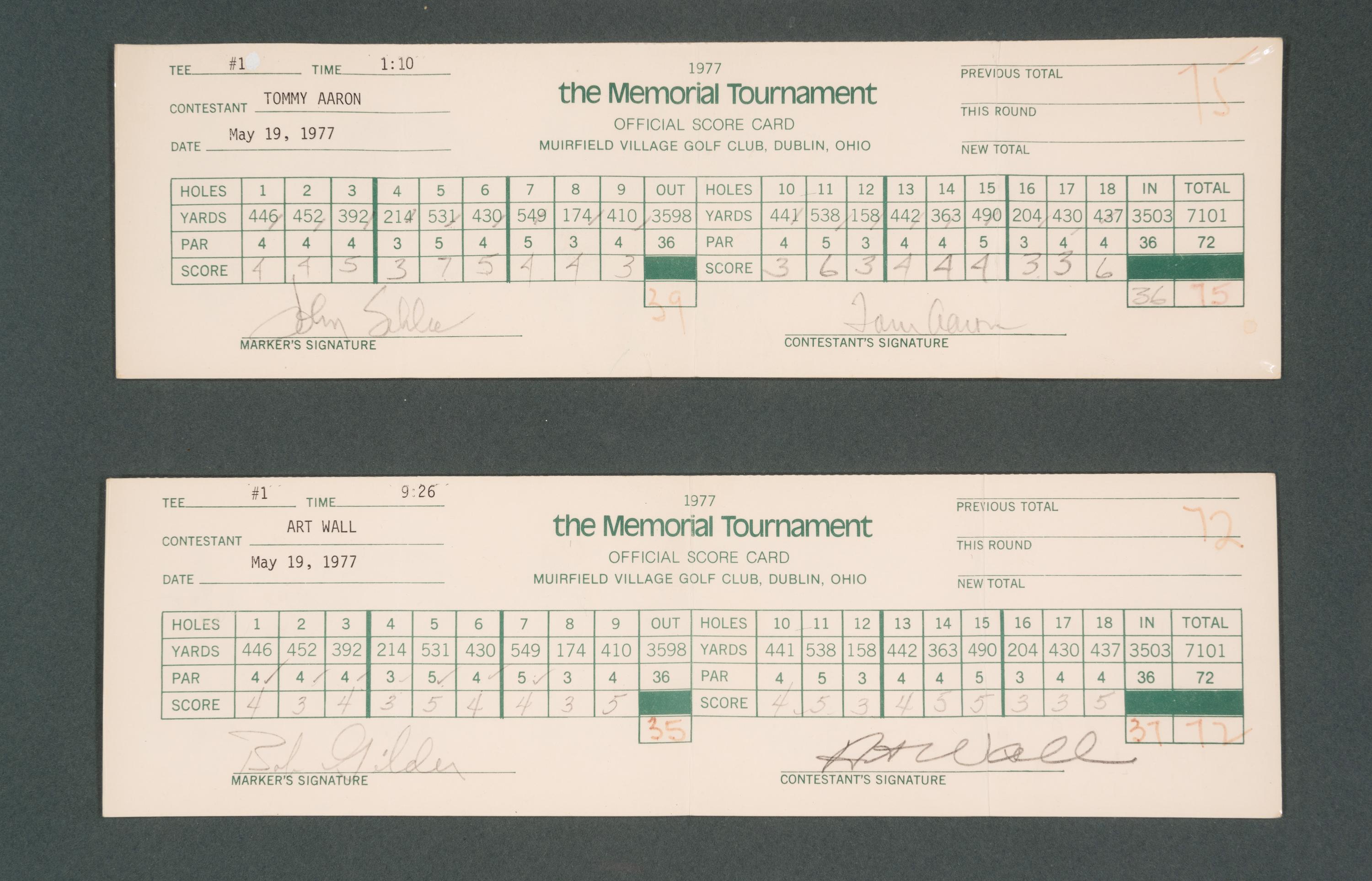 A 1977 Memorial Tournament Scorecard Display Featuring Tournament Used Scorecards Dual Signed by Jack Nicklaus and Tom Watson