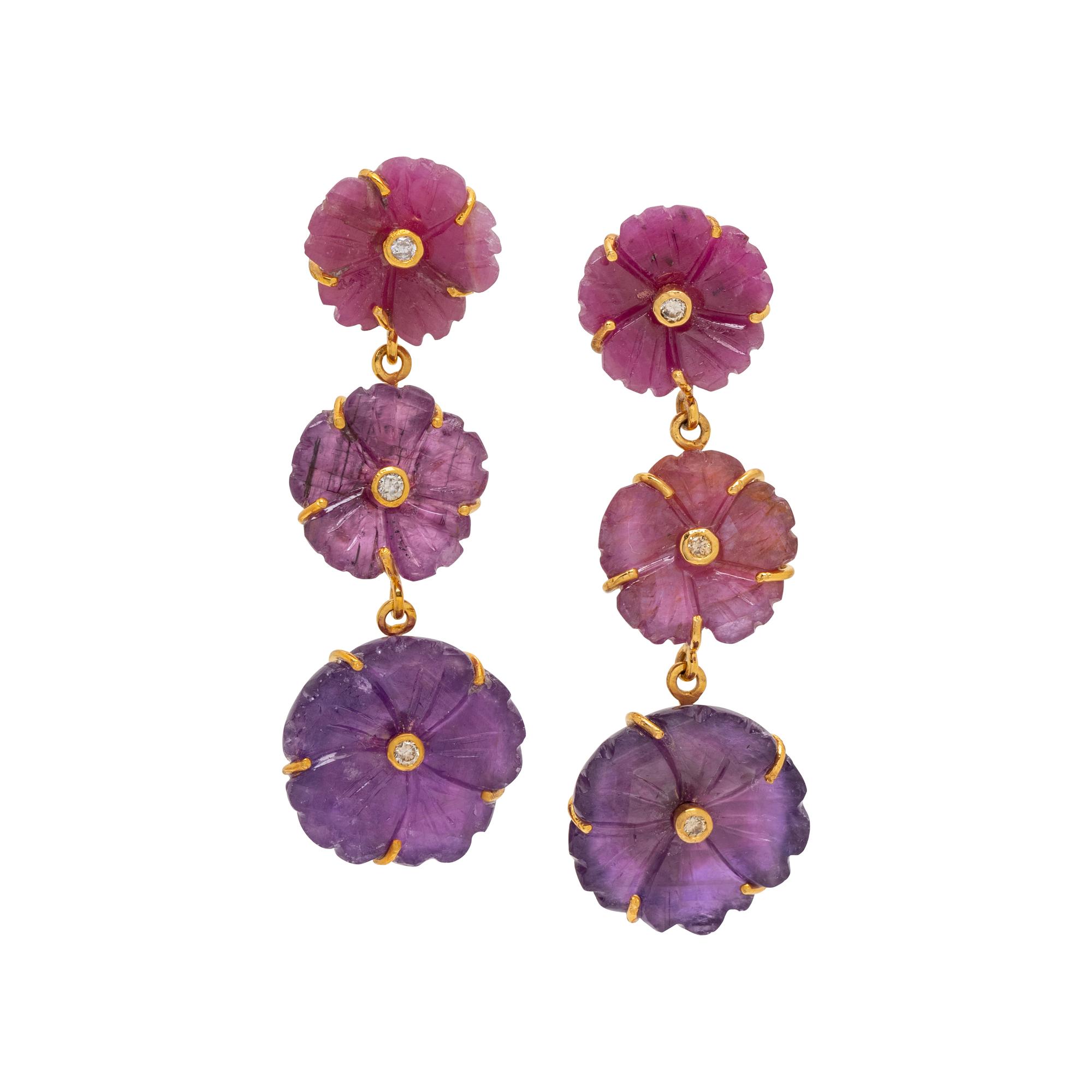 CARVED SAPPHIRE AND DIAMOND FLOWER EARRINGS