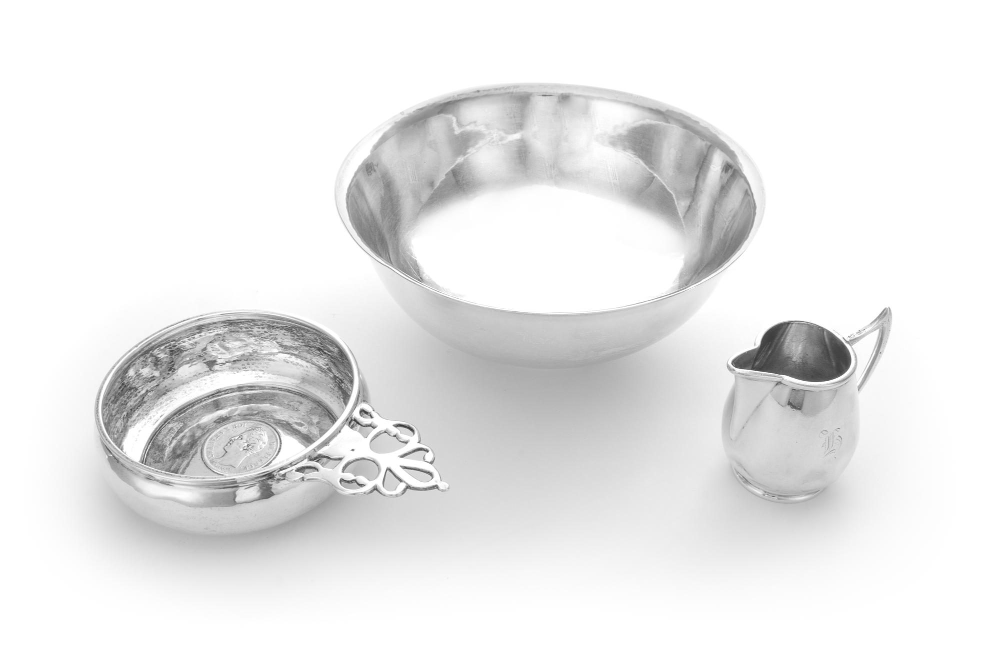 An American Coin Silver Creamer, N. Harding & Co., Boston, MA, First-Half 19th Century, comprising a Revere bowl, a porringer and a dim