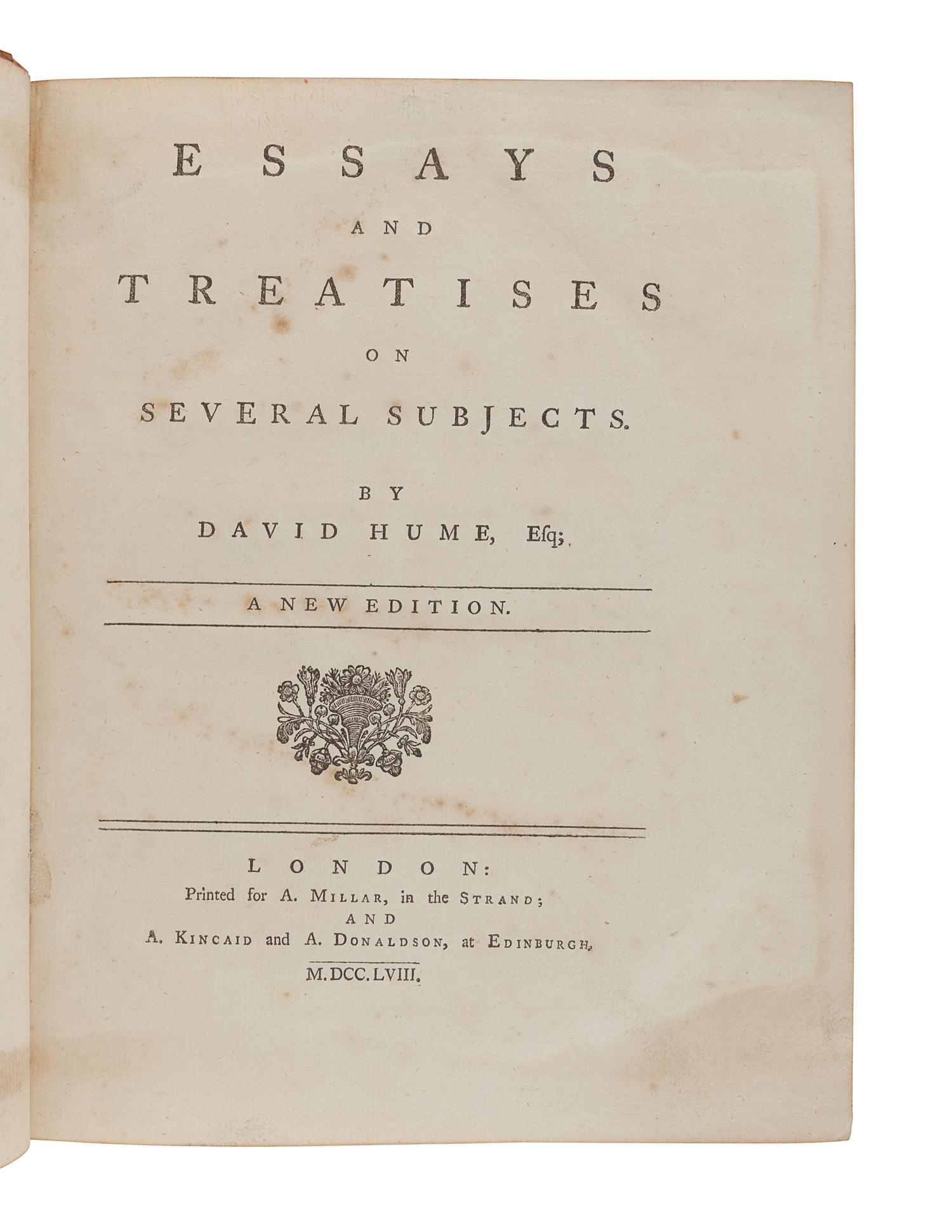 HUME, David (1711-1776). Essays and Treatises on Various Subjects...A new edition. London: A. Millar and A. Kincaid & A. Donaldson at Edinburgh, 1758.