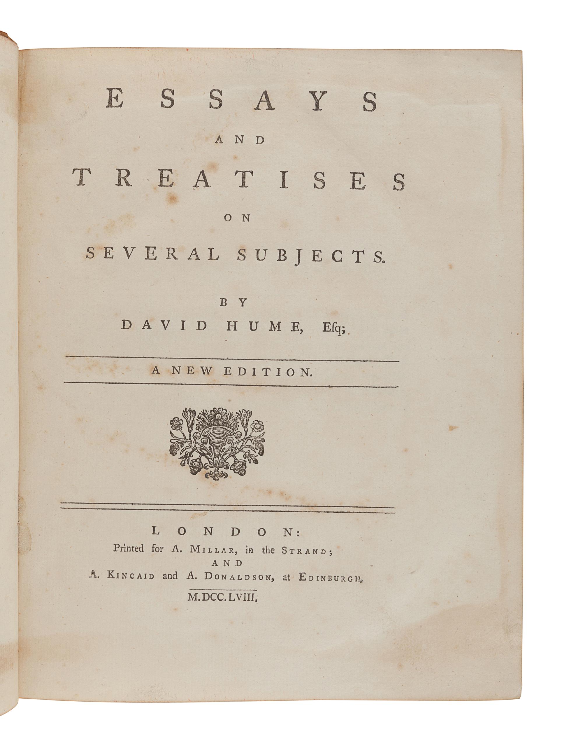 HUME, David (1711-1776). Essays and Treatises on Various Subjects...A new edition. London: A. Millar and A. Kincaid & A. Donaldson at Edinburgh, 1758.
