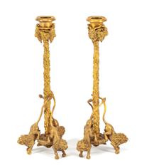 A Pair of English Gilt Bronze Candlesticks Height 12 1/2 inches.