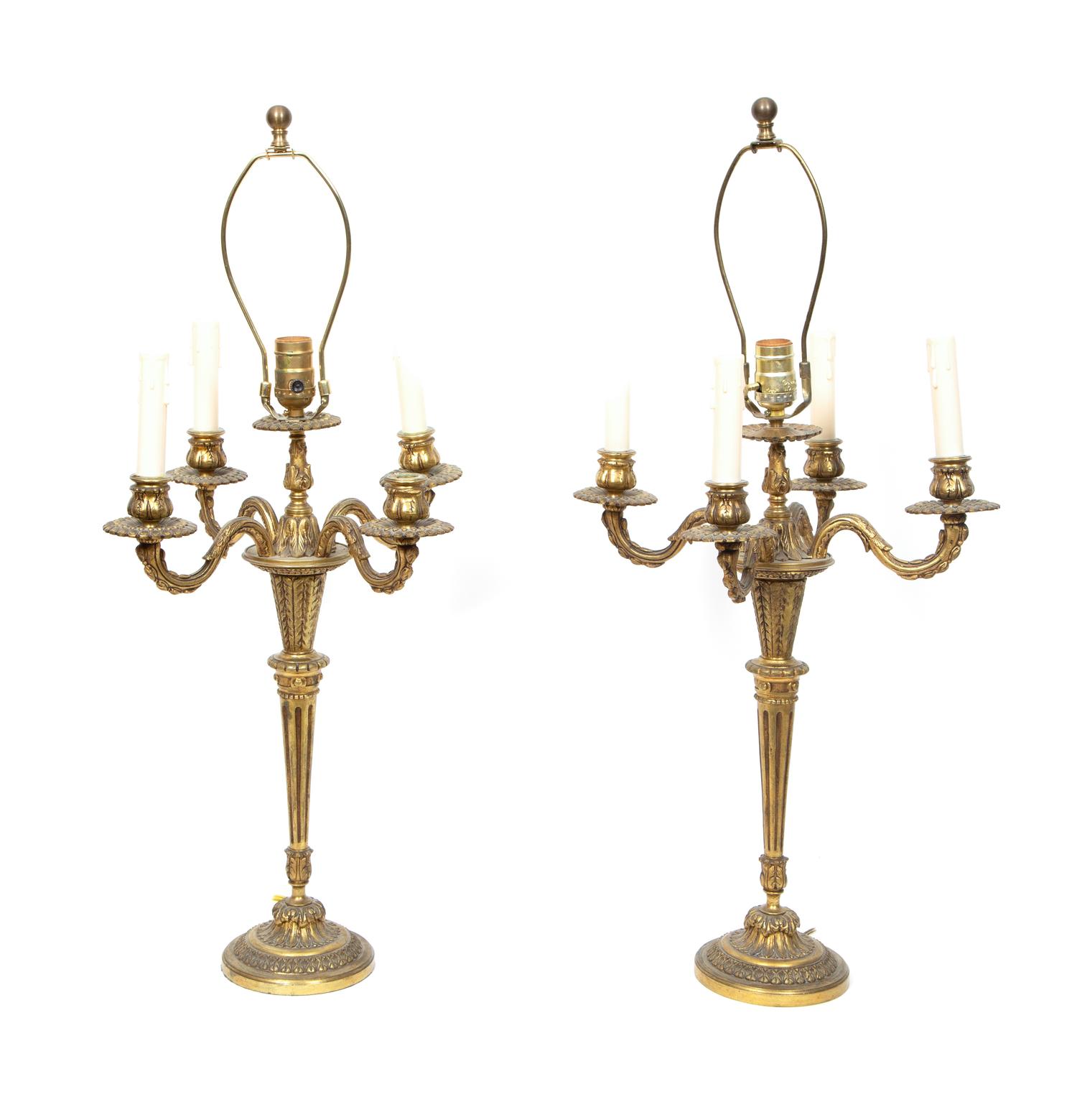 A Pair of French Gilt Metal Four-Light Candelabra Mounted as Lamps