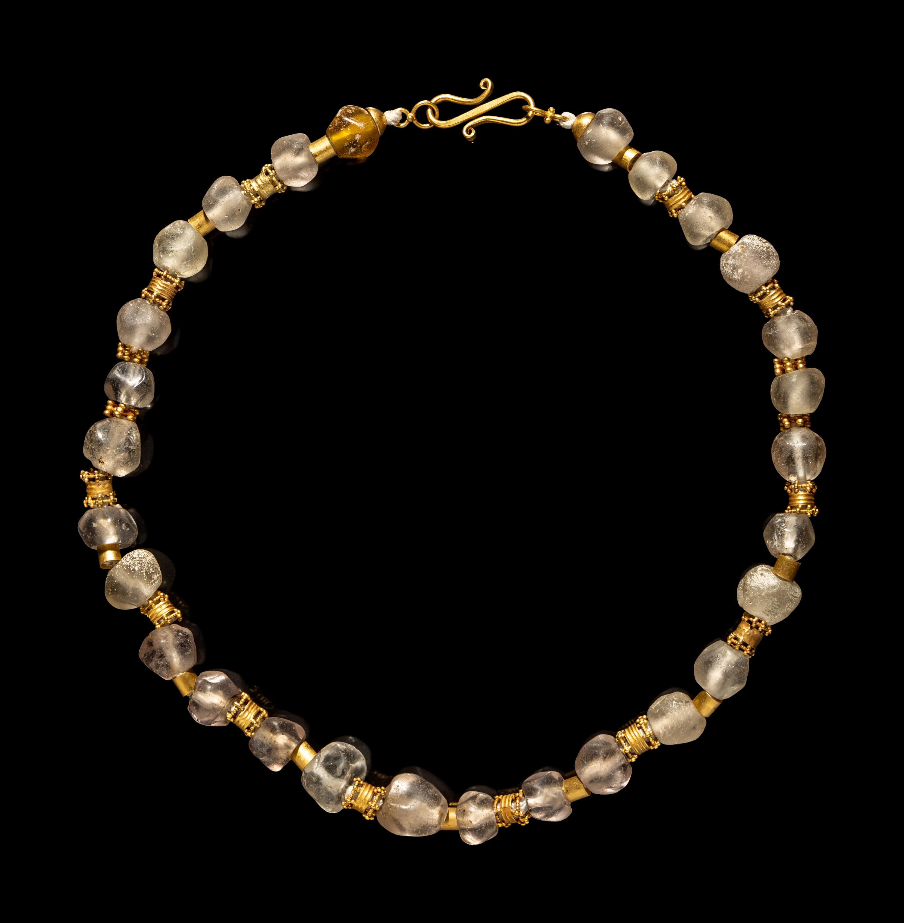 A Hellenistic Gold, Rock Crystal, and Glass Necklace