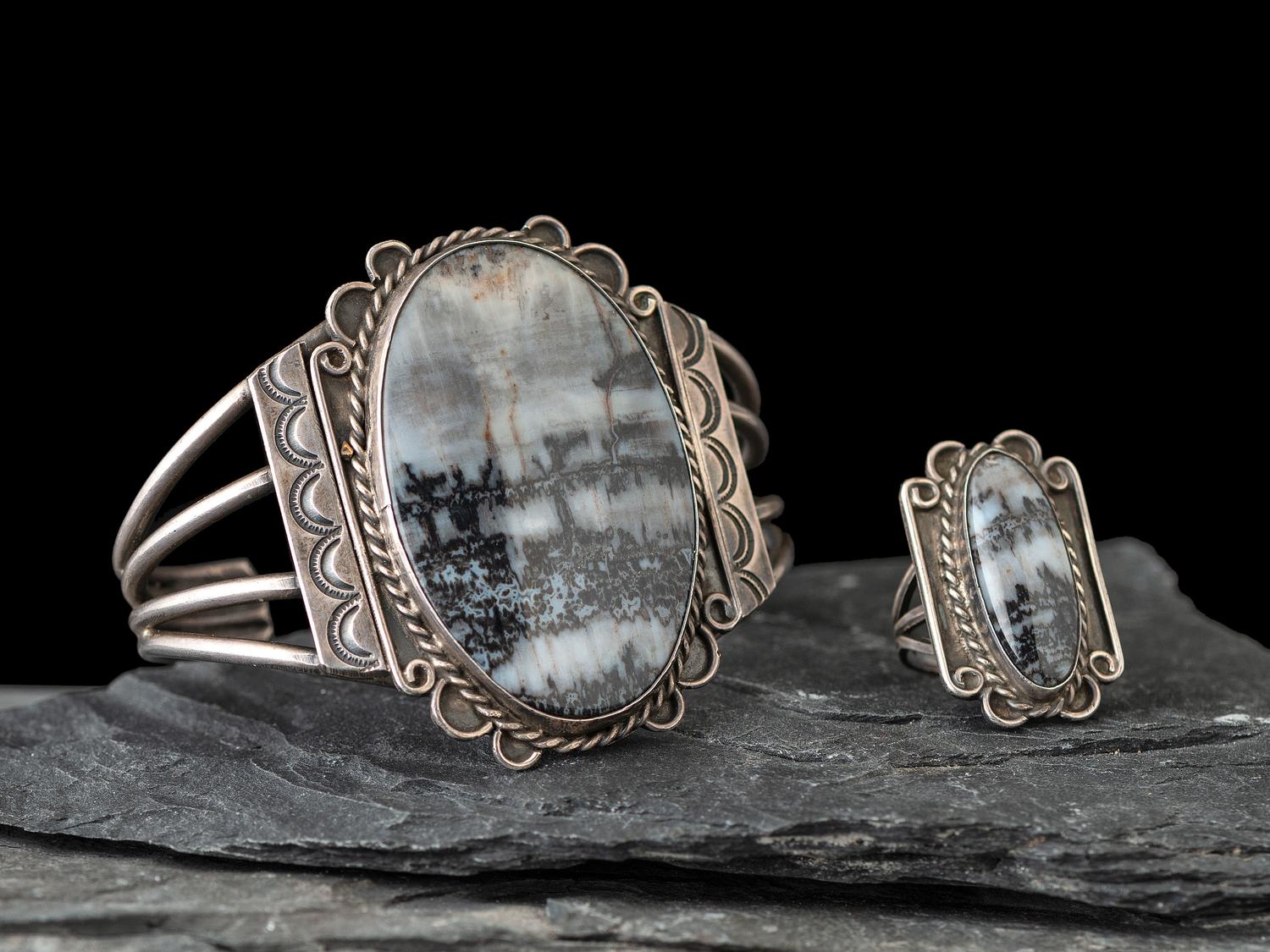 Navajo Silver and Petrified Wood Cuff Bracelet and Ring