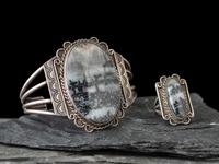 Navajo Silver and Petrified Wood Cuff Bracelet and Ring