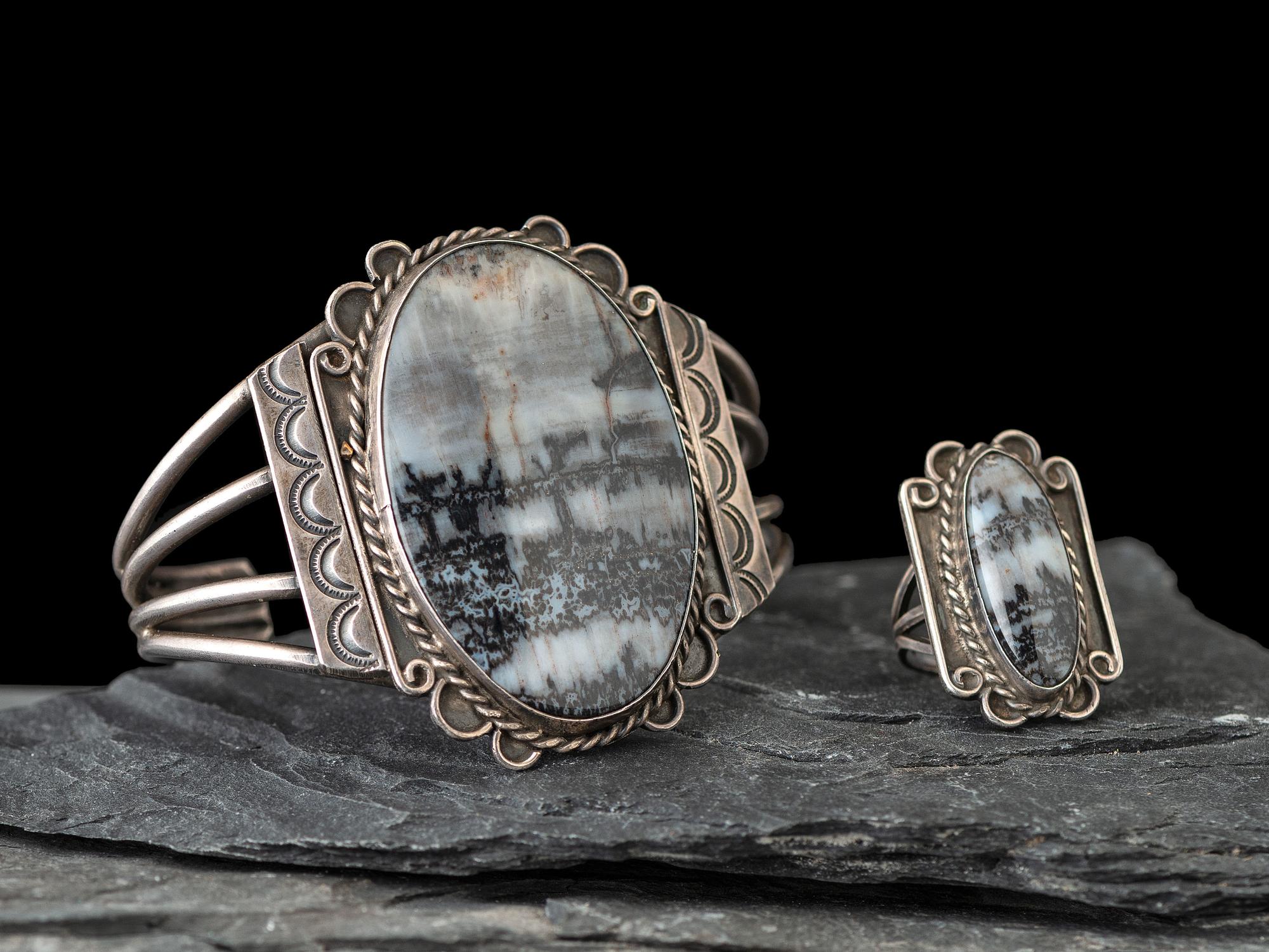 Navajo Silver and Petrified Wood Cuff Bracelet and Ring