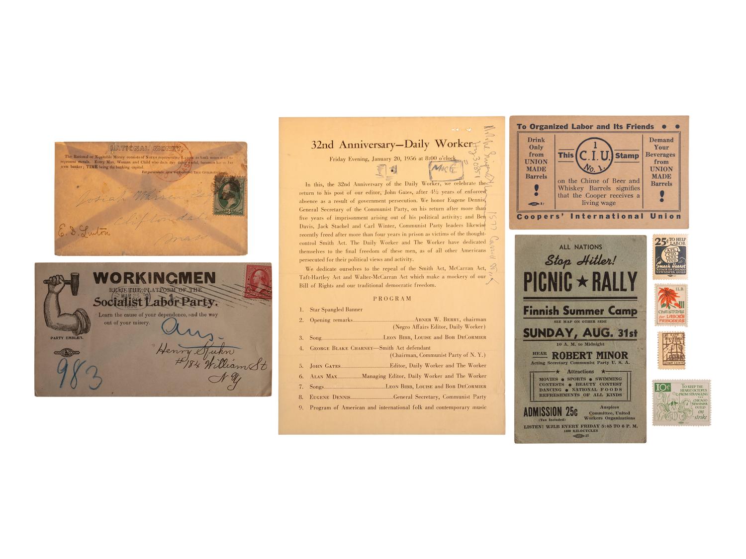 [LABOR]. A group of ephemera and pamphlets related to the labor movements of the late 19th and early 20th centuries, including an autograph letter signed by Annie LePorte DIGGS.